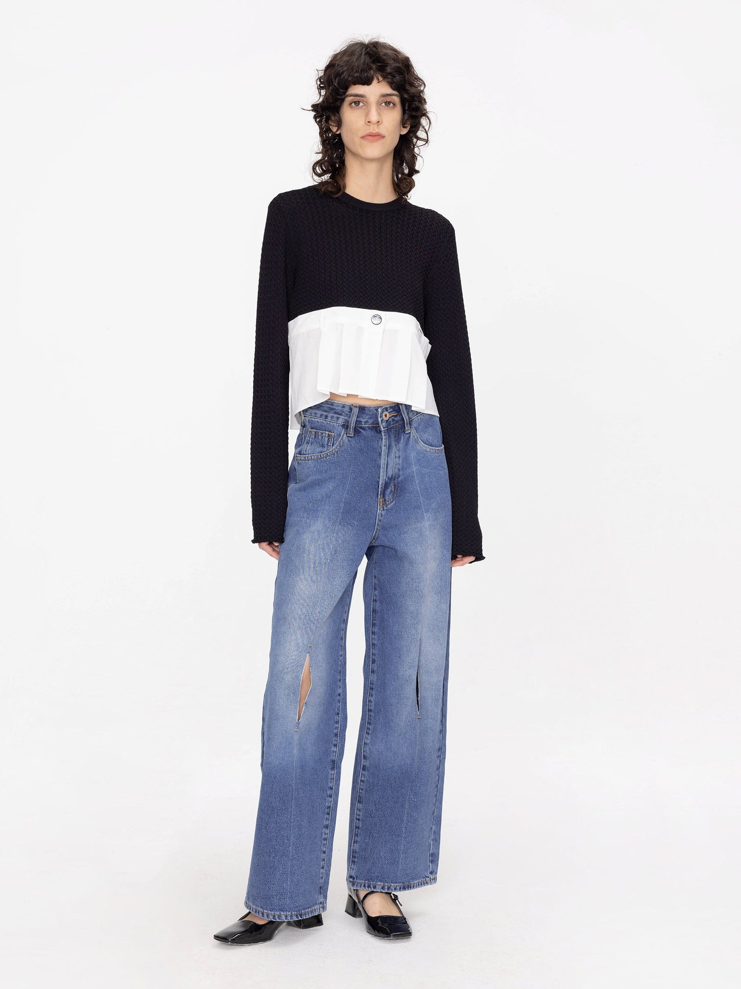 Cropped Knit Top with Shirting Panel