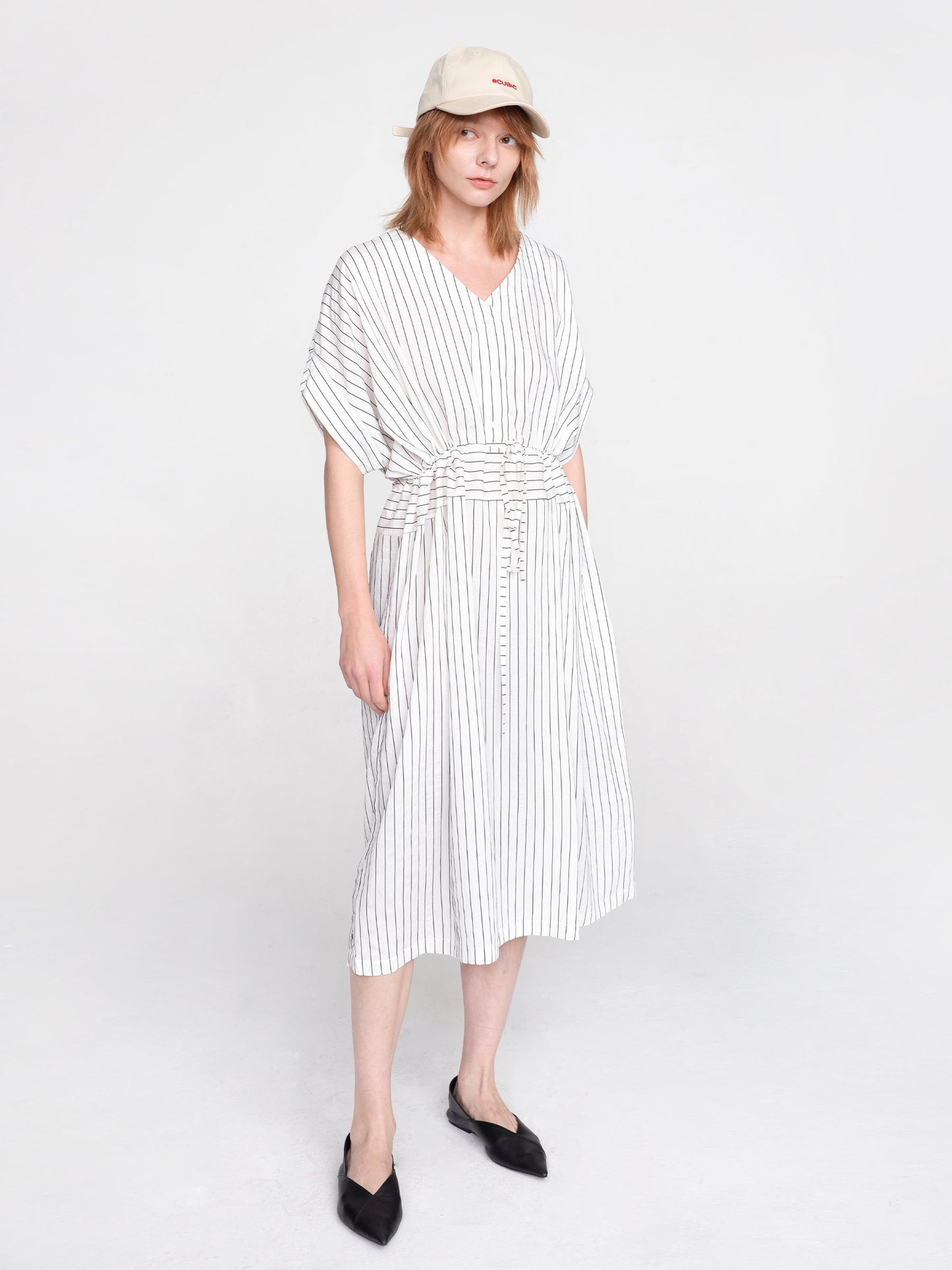 Vertical Striped V-Neck Thin Shirt Dress