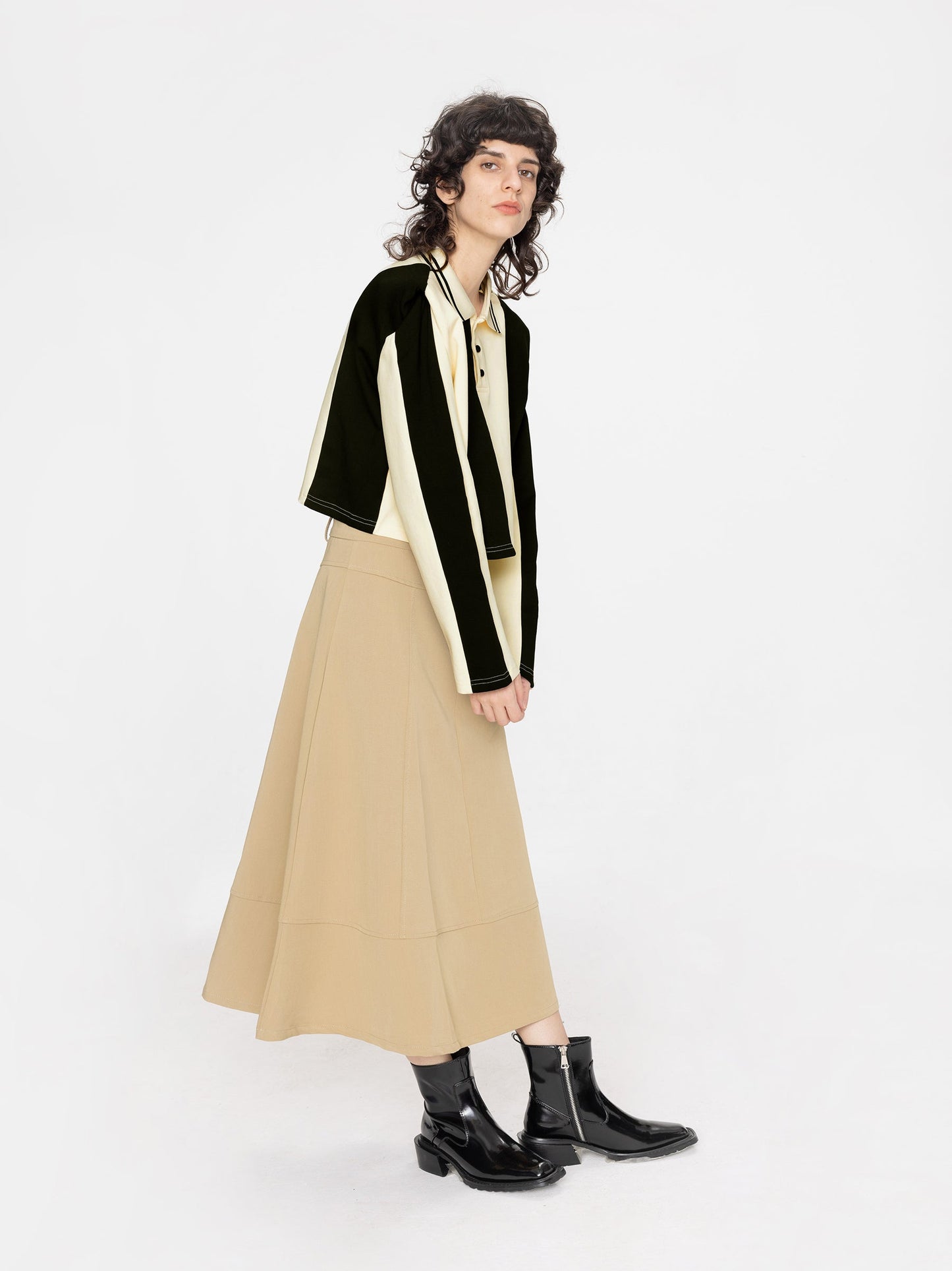 Striped Polo Top with Oversized Shoulders