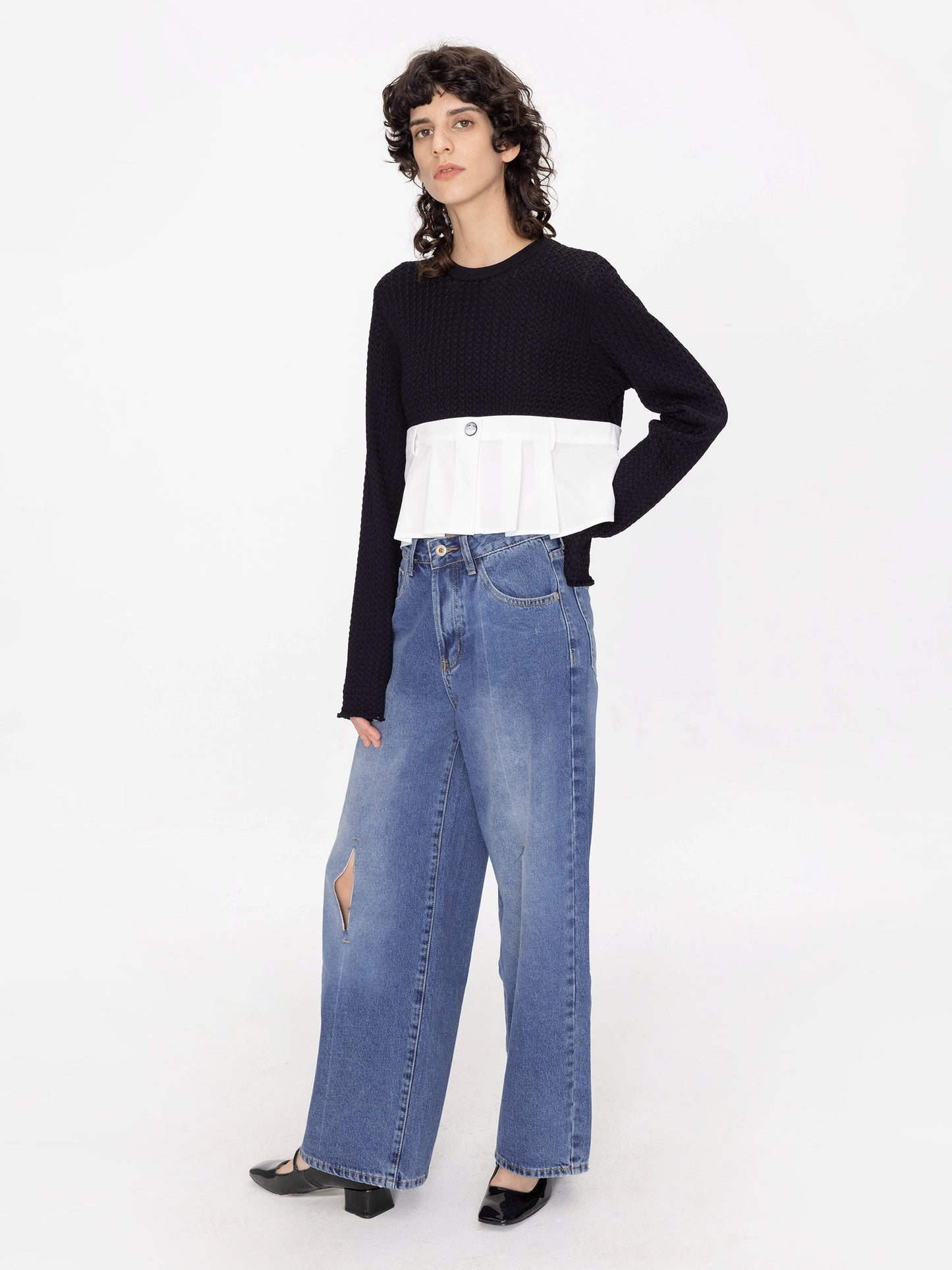 Cropped Knit Top with Shirting Panel