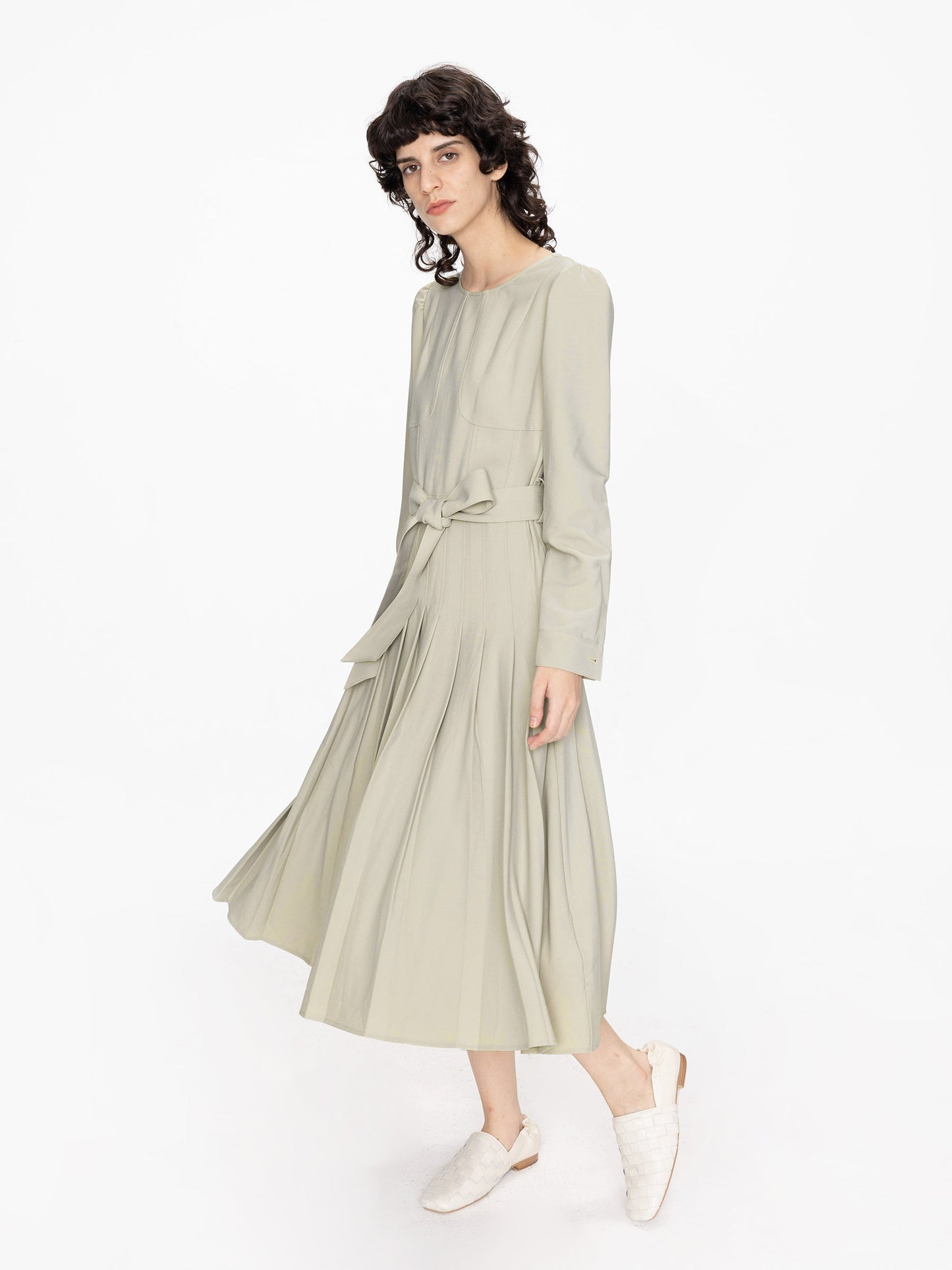 Belted Pleated Midi Dress