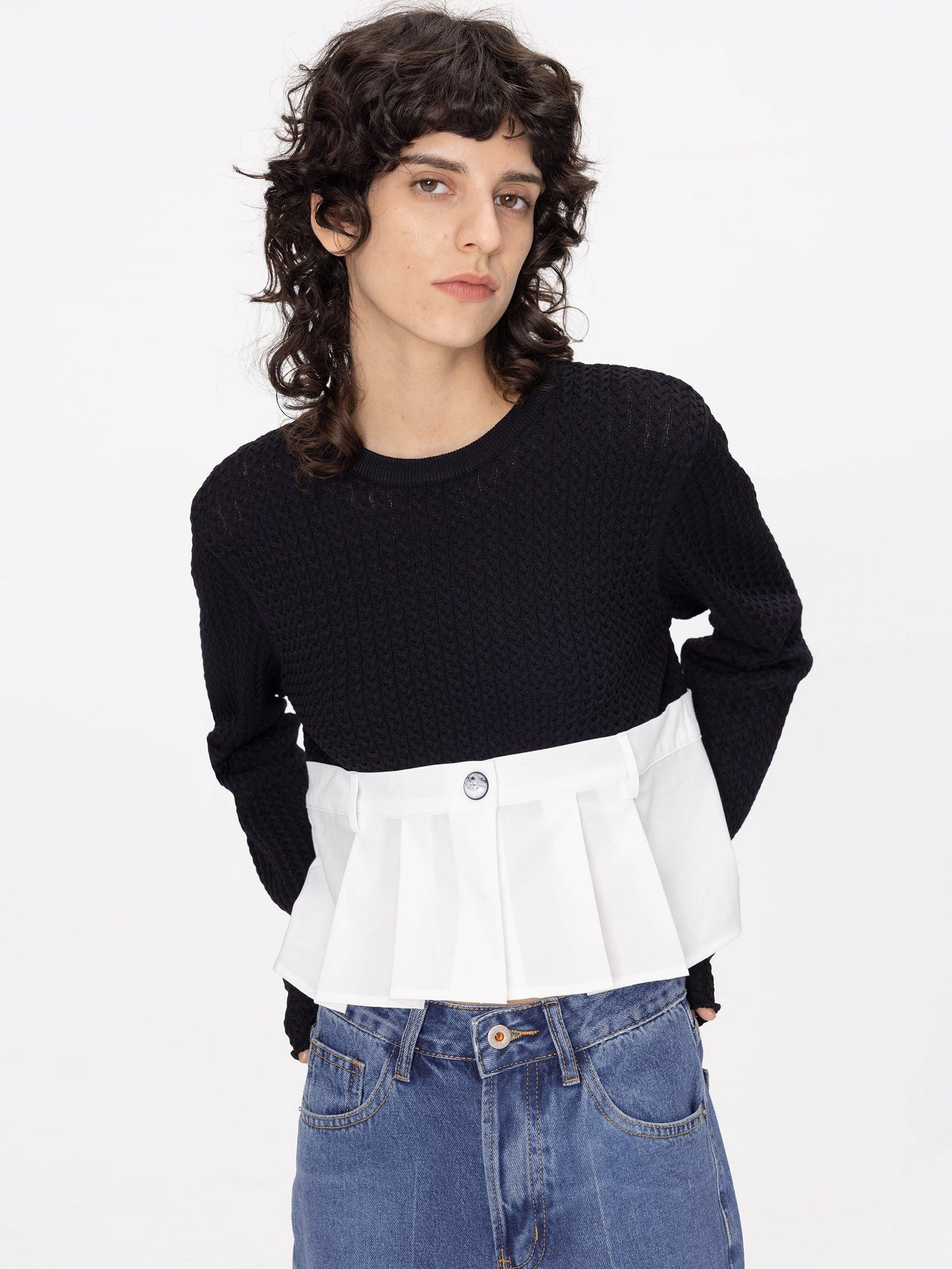 Cropped Knit Top with Shirting Panel