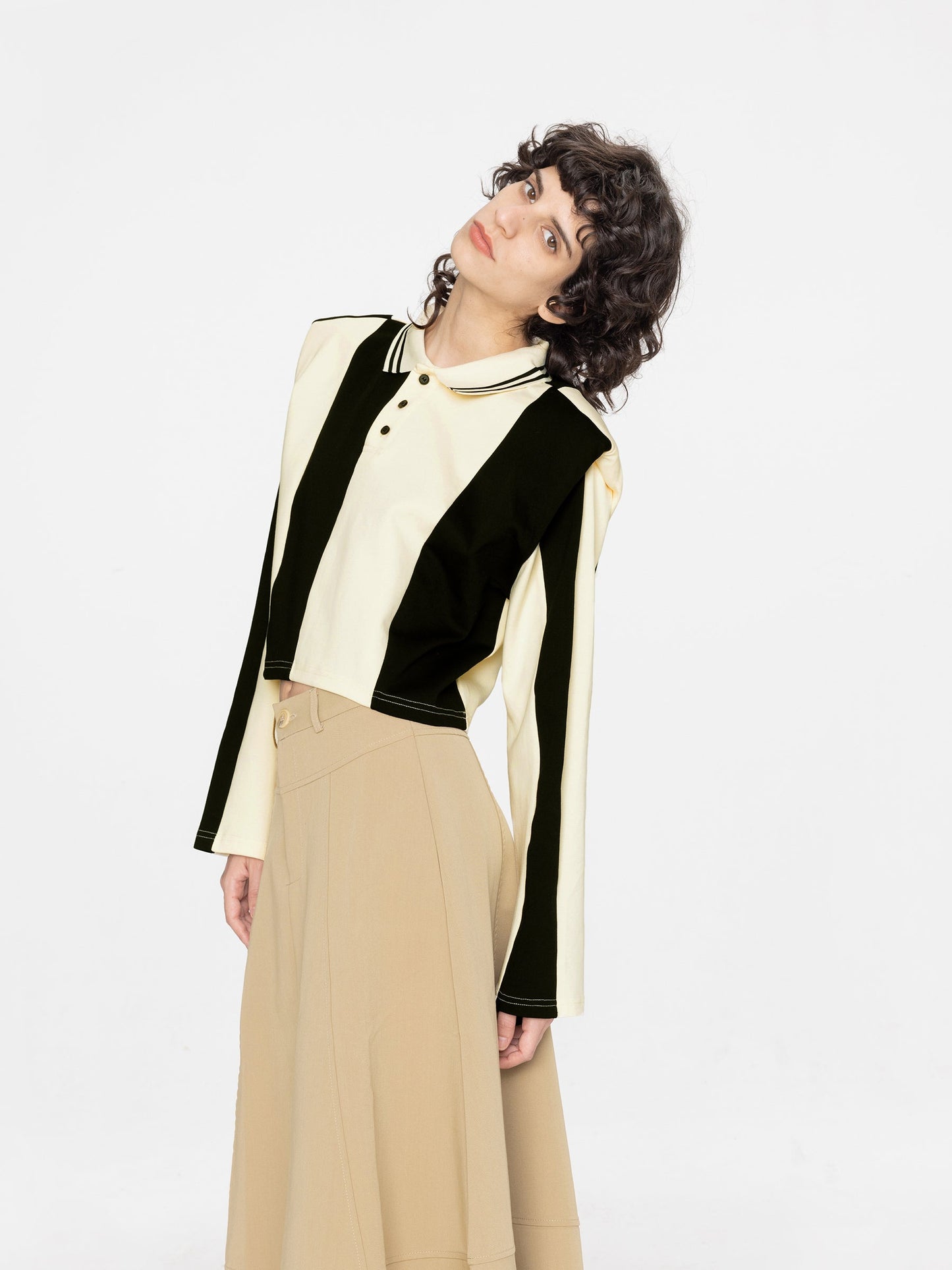 Striped Polo Top with Oversized Shoulders