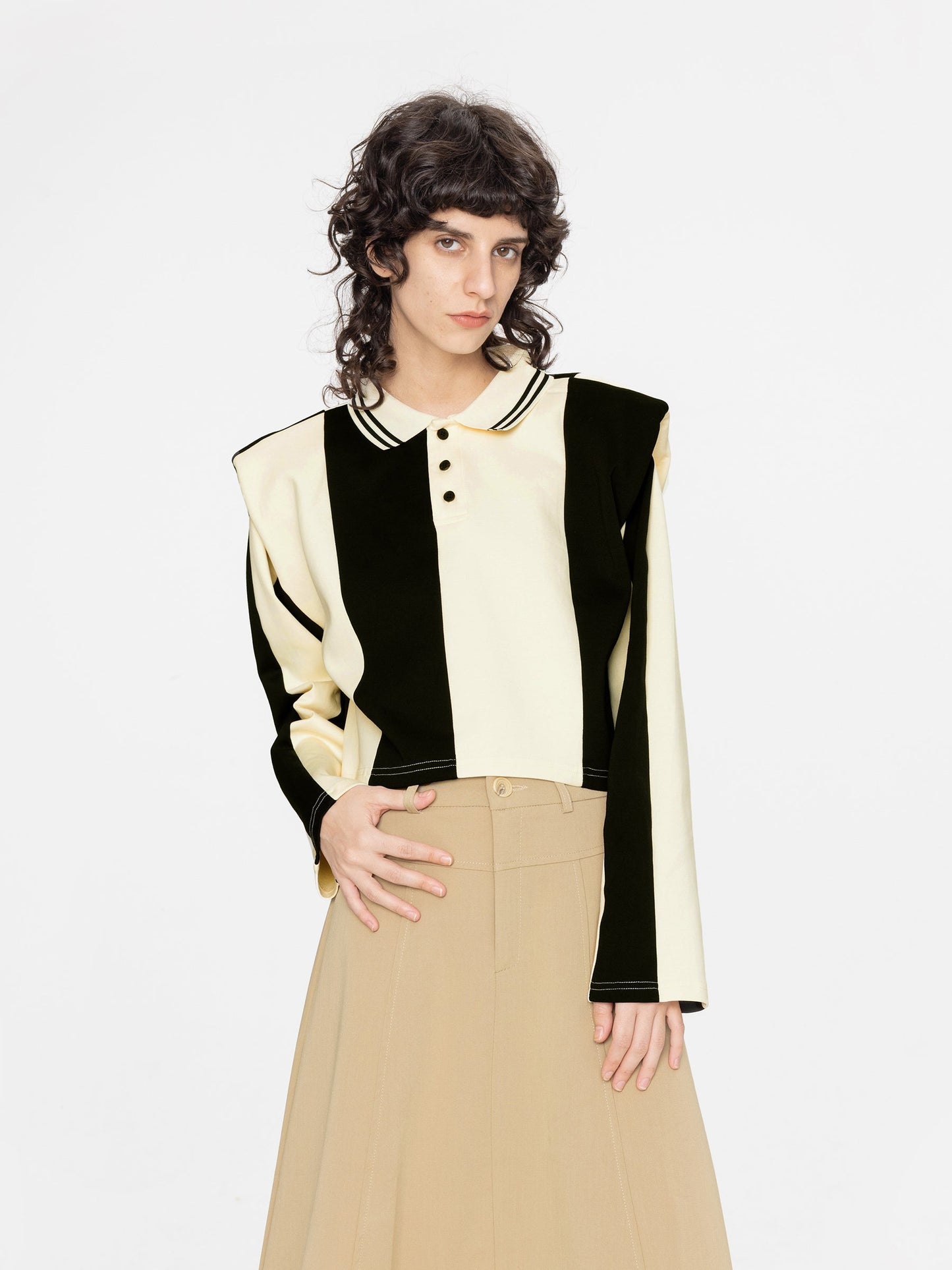 Striped Polo Top with Oversized Shoulders