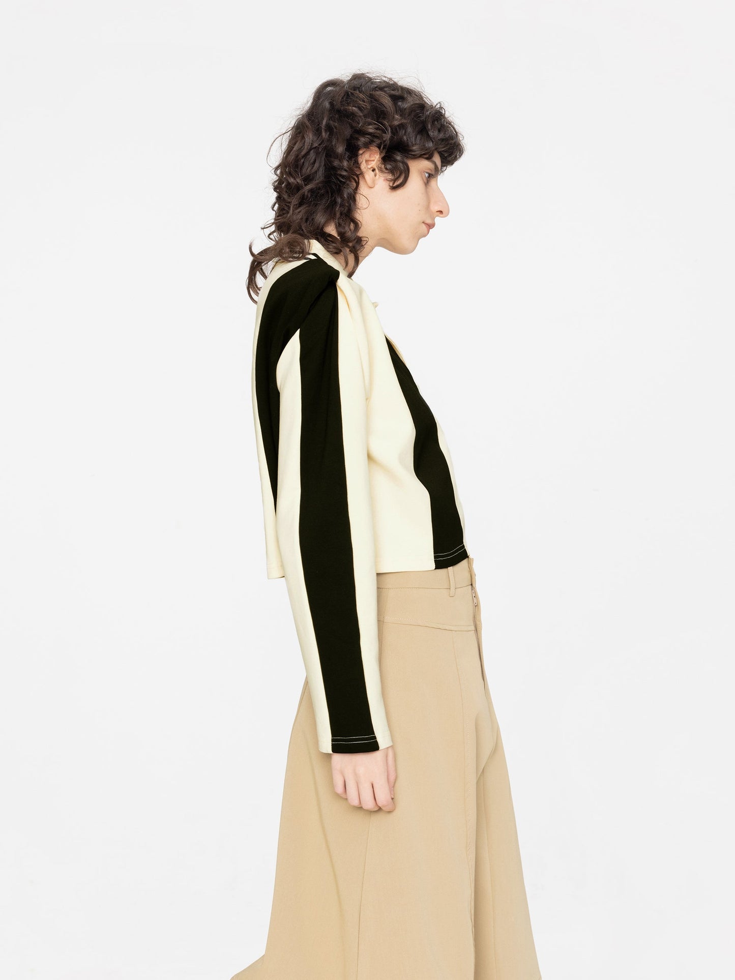 Striped Polo Top with Oversized Shoulders