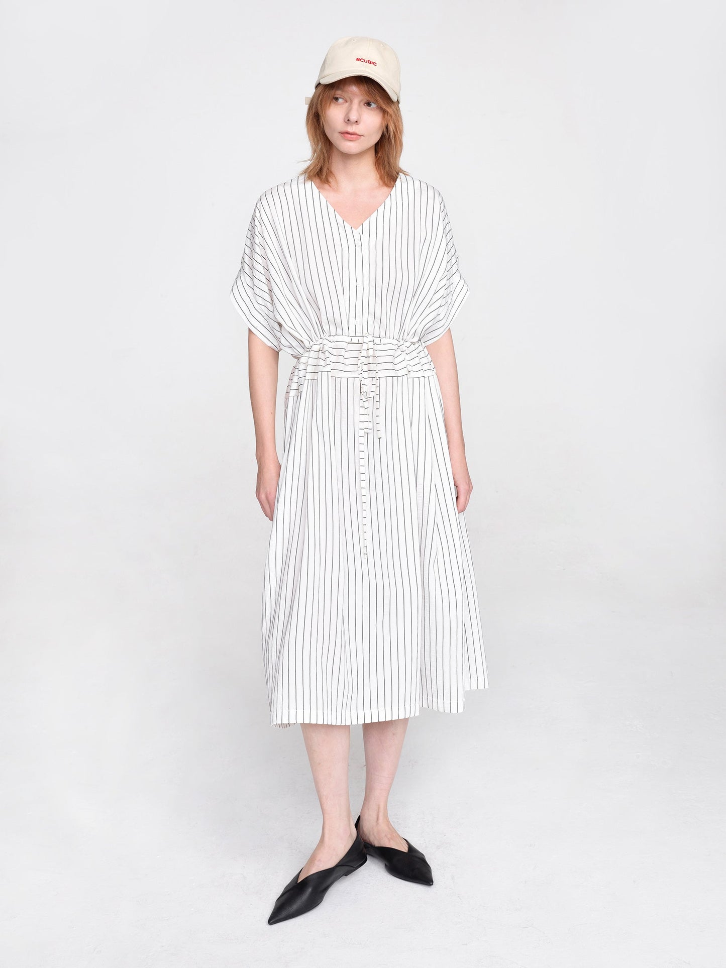 Vertical Striped V-Neck Thin Shirt Dress