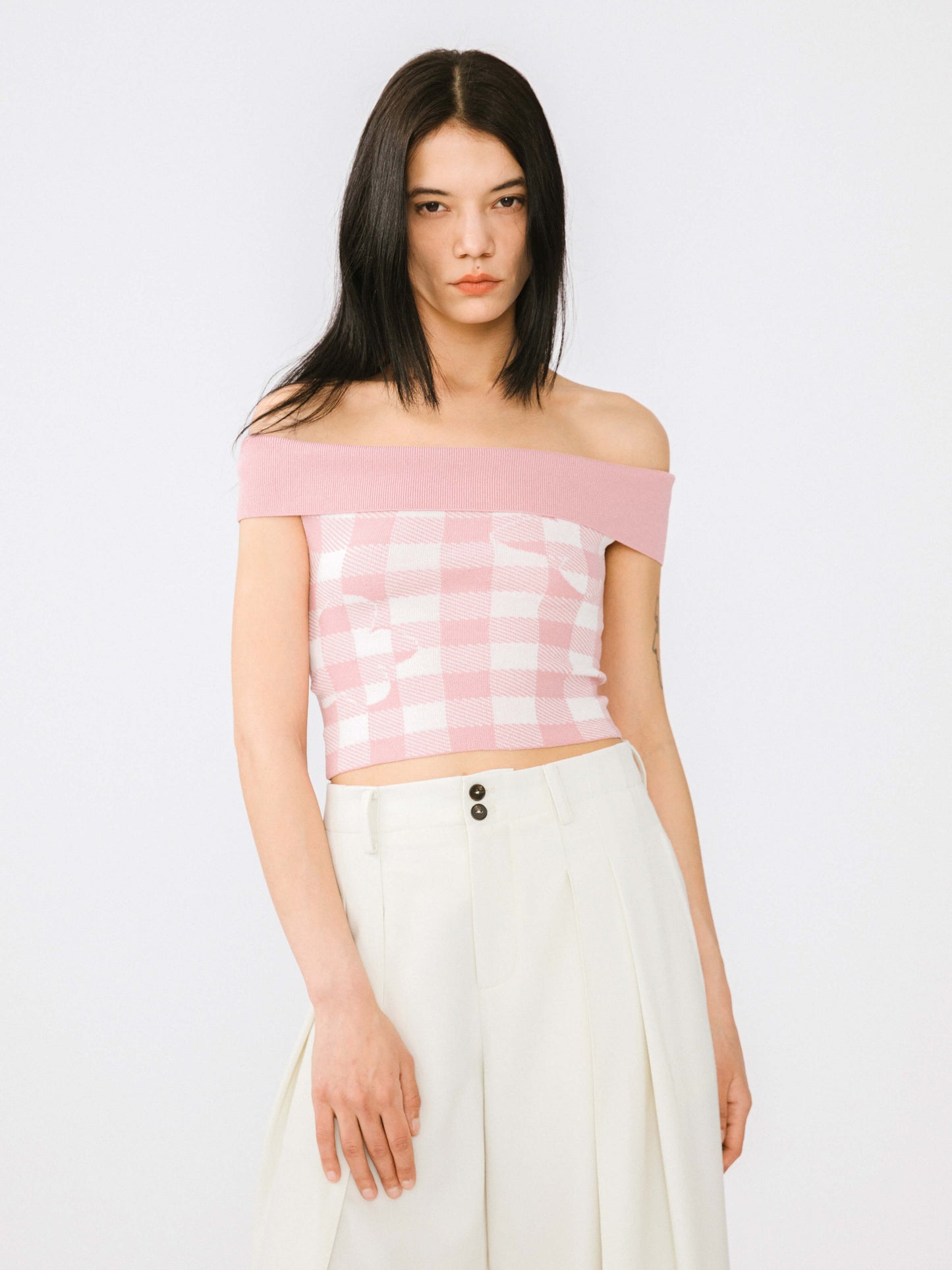 Off-Shoulder Checkered Knit Cami Top