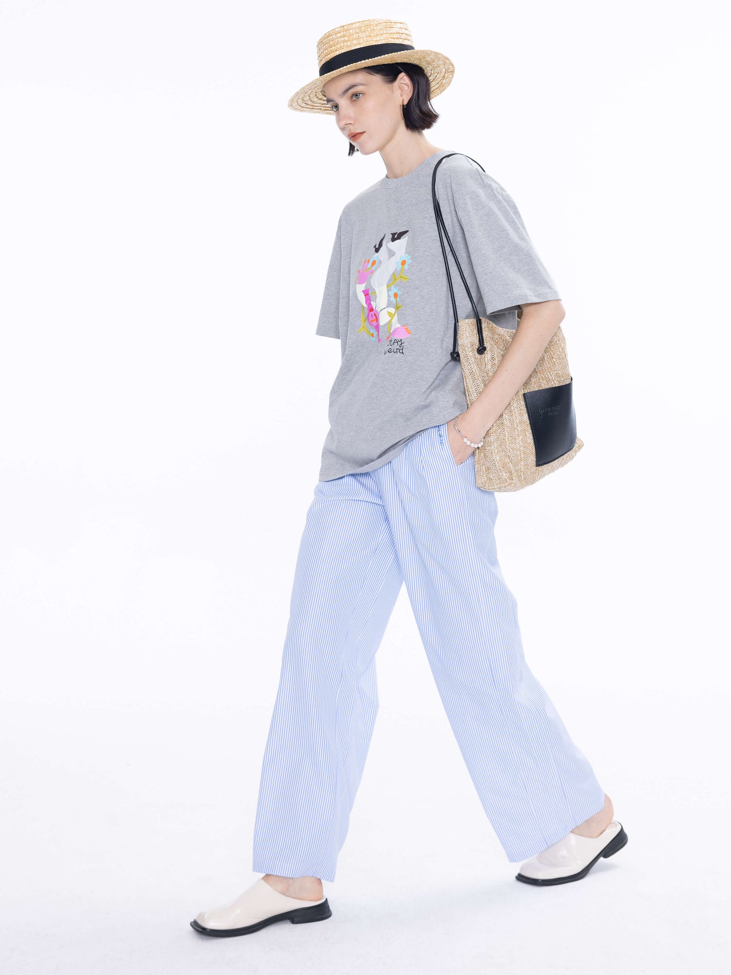 HIGH RISE PINSTRIPE TAILORED TROUSERS FROM SIDE
