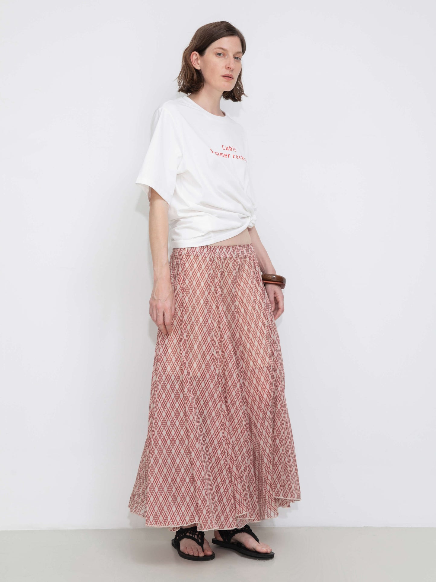 Asymmetrical Flowy Check Maxi Skirt-Red