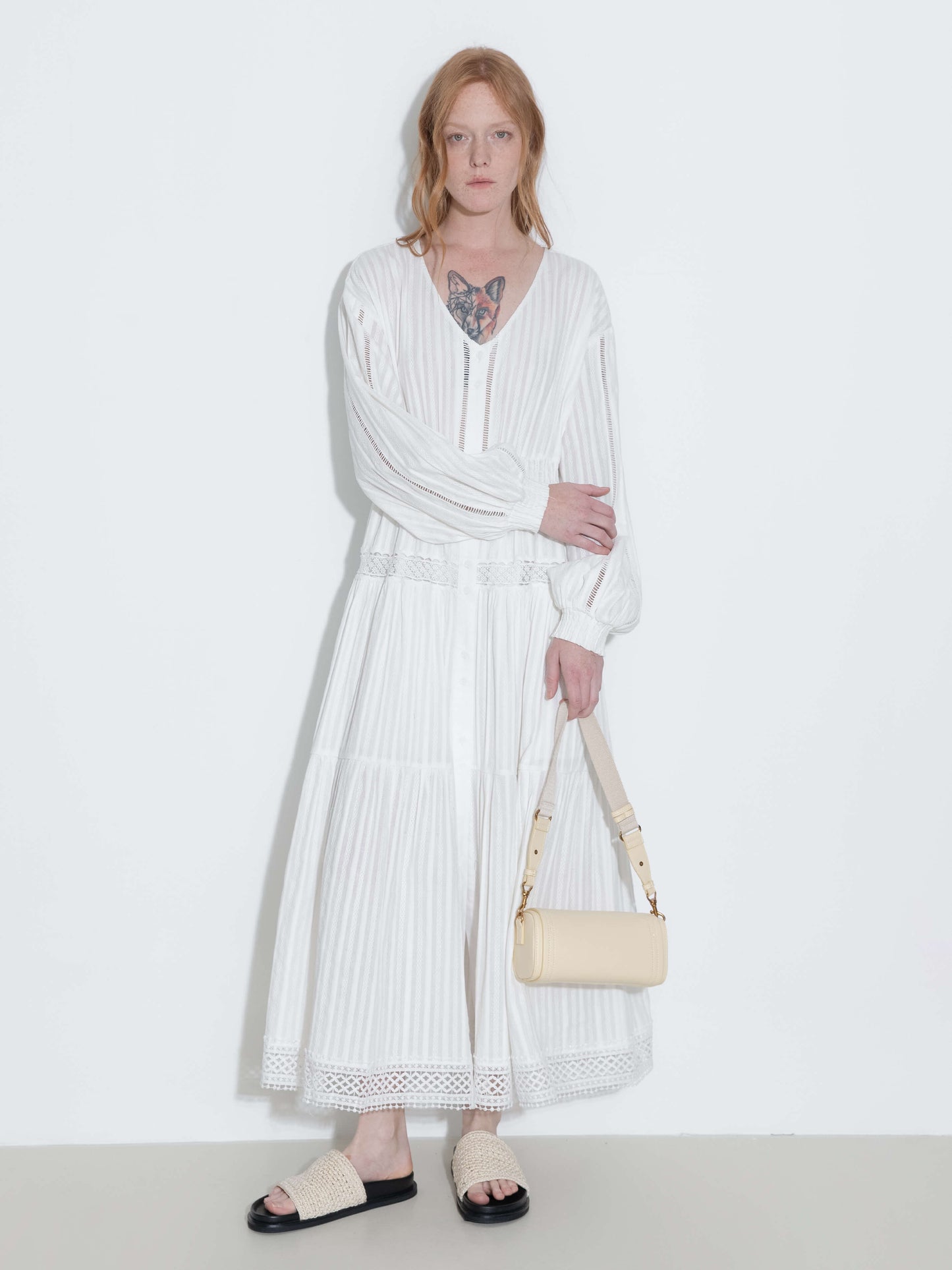 100% Cotton Lace Hollow V-Neck Waist-Cinched Maxi Dress