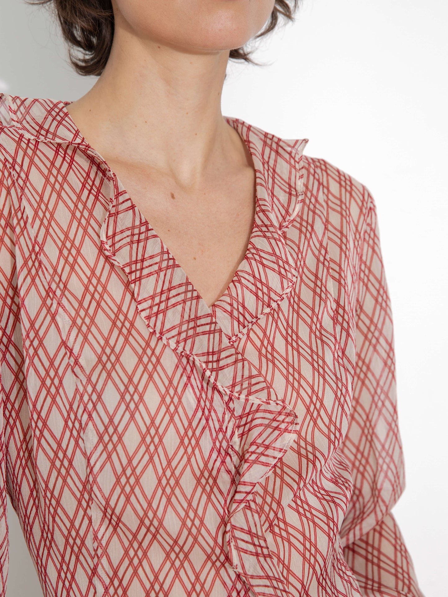 Semi-Sheer Ruffle Trim Check Shirt