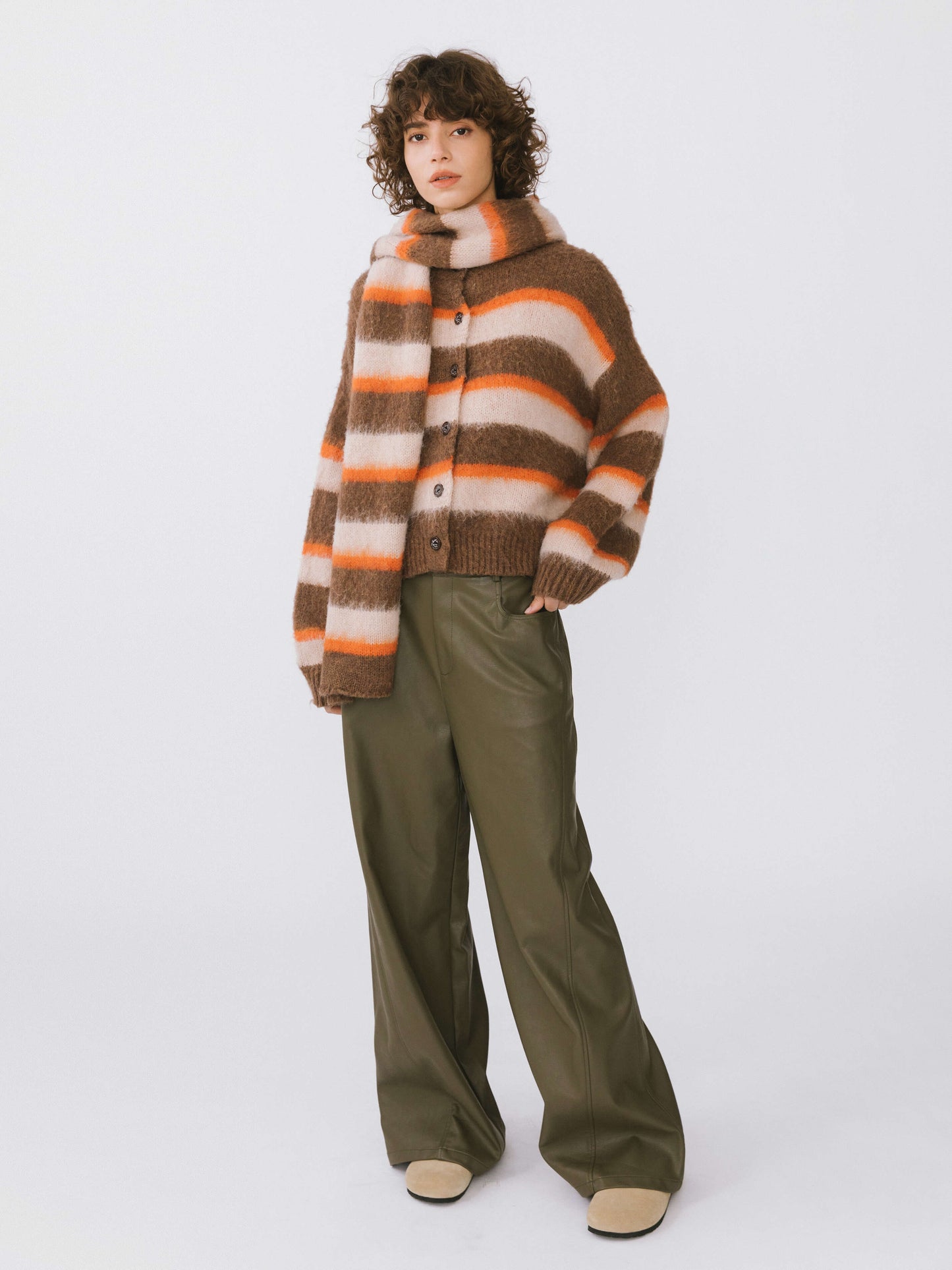 Striped Color Block Wool Knit Cardigan With Scarf