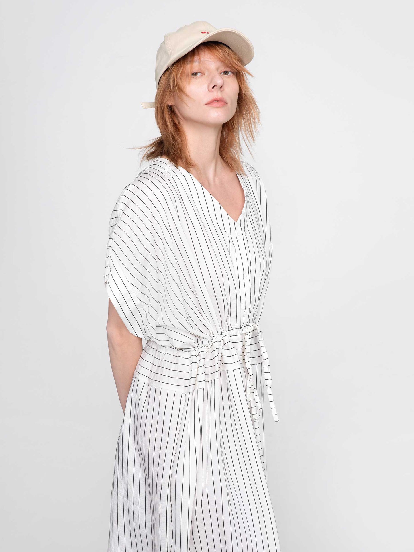 Vertical Striped V-Neck Thin Shirt Dress