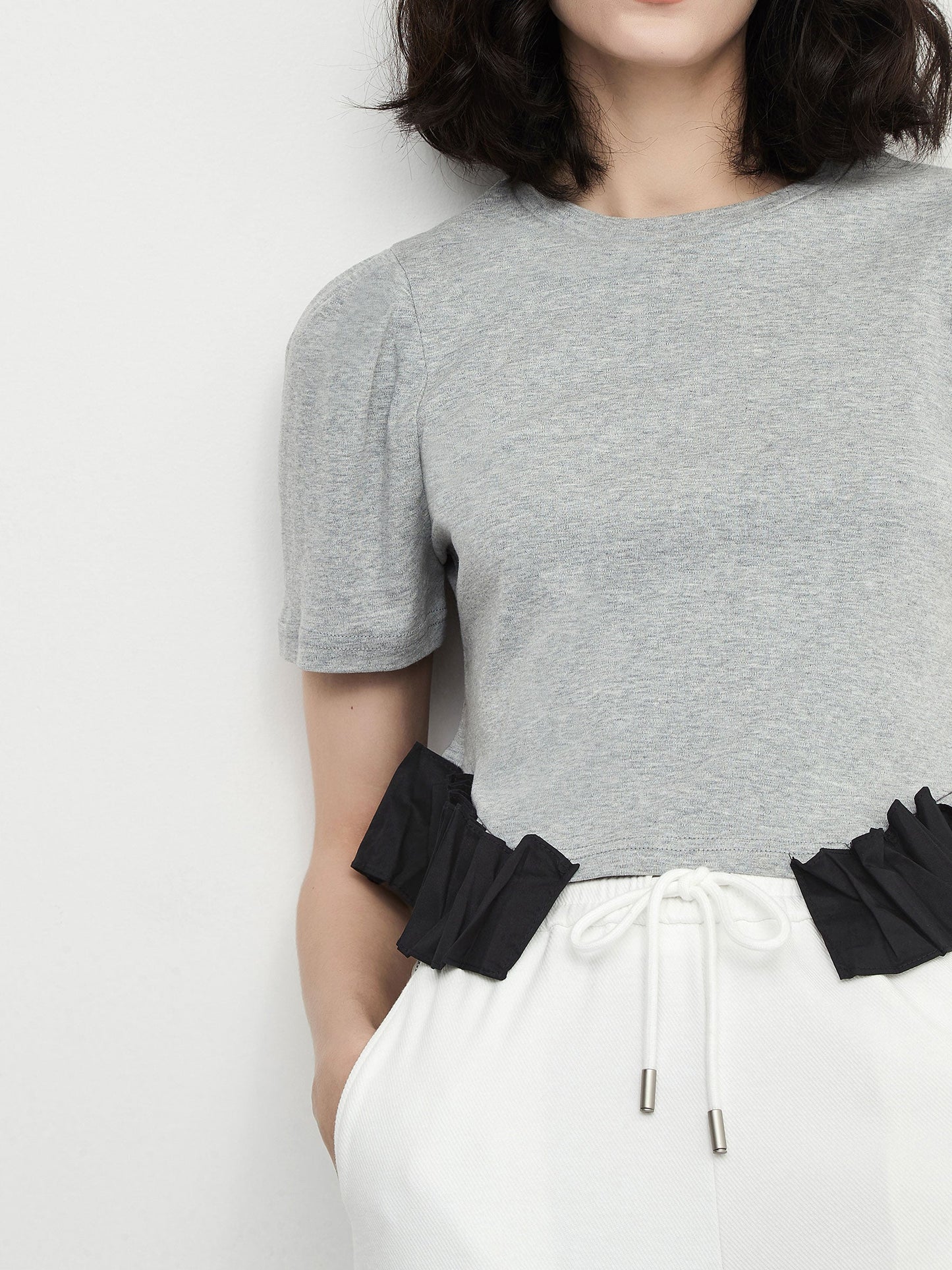 CUBIC Women's Puff Sleeve Contrast Colour Cotton T-Shirt