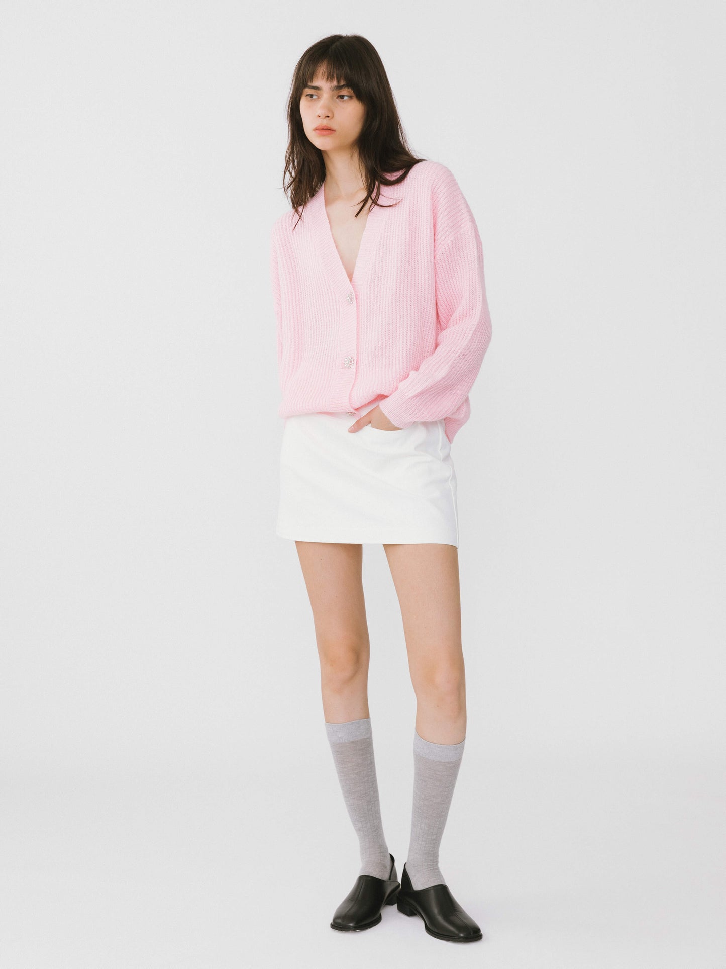 Casual V-Neck Ribbed Knit Cardigan with Wool Blend