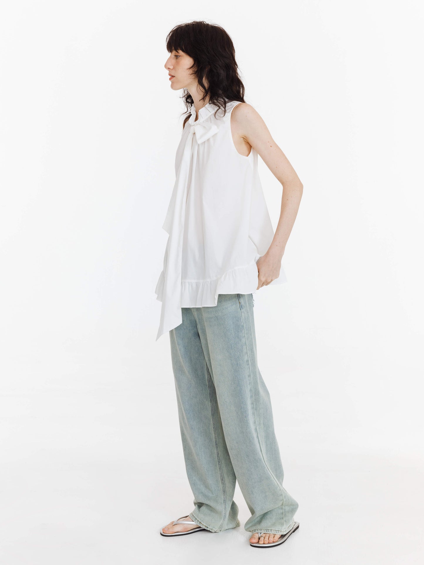 Ruffle Stand Collar Tie A-line Tank Top