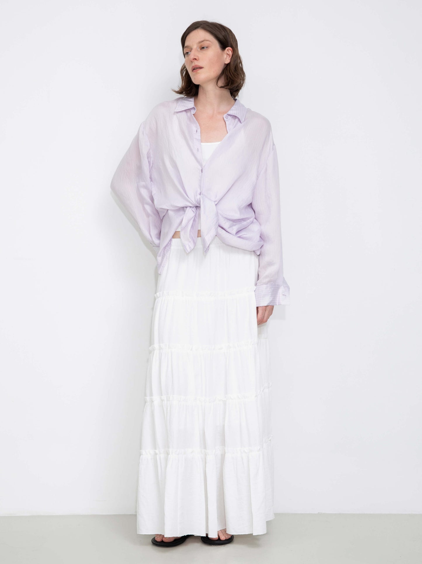 Semi-Sheer Oversized Striped Pattern Shirt