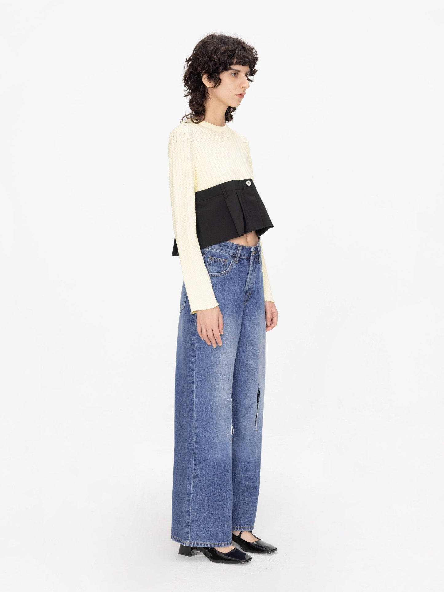 Cropped Knit Top with Shirting Panel