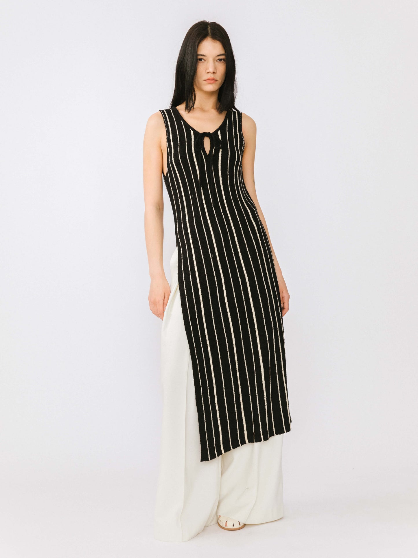 High Slit Striped Knit Sleeveless Dress
