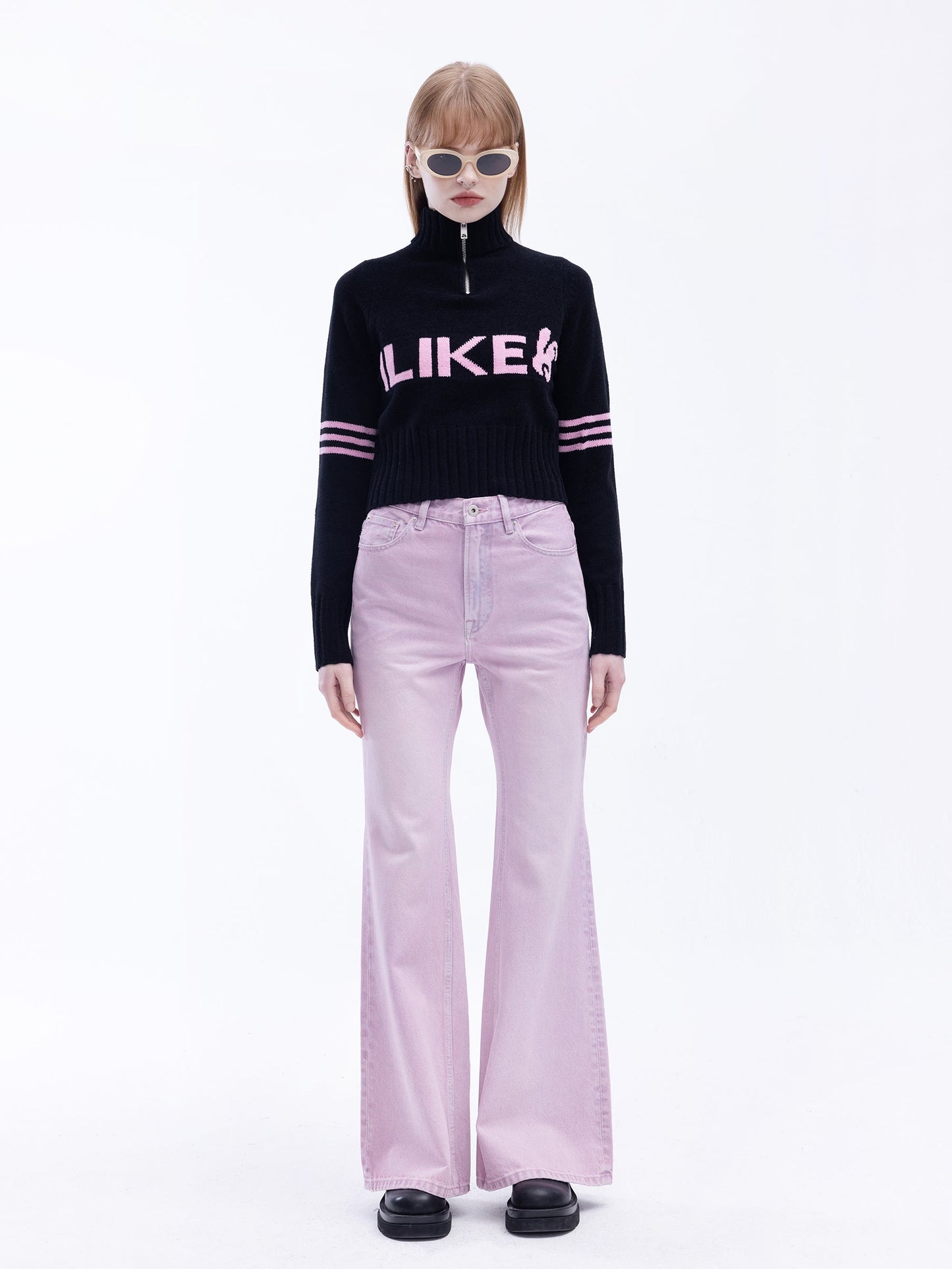 High Neck Zip Up Crop Knit Top