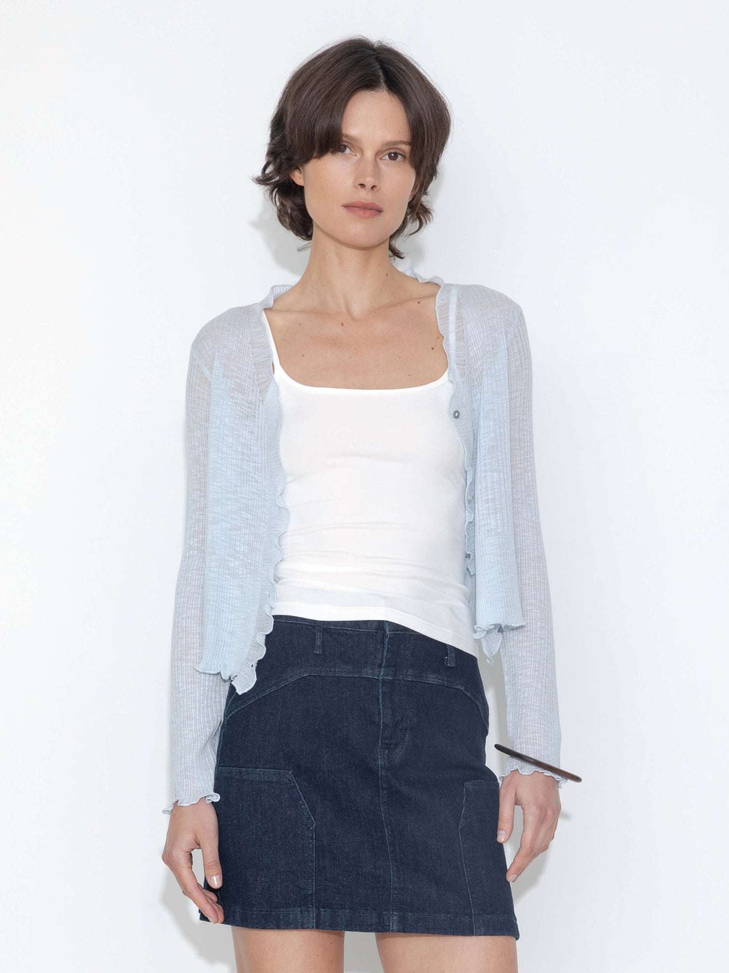 V-Neck Knit Cardigan with Ruffled Long Sleeves