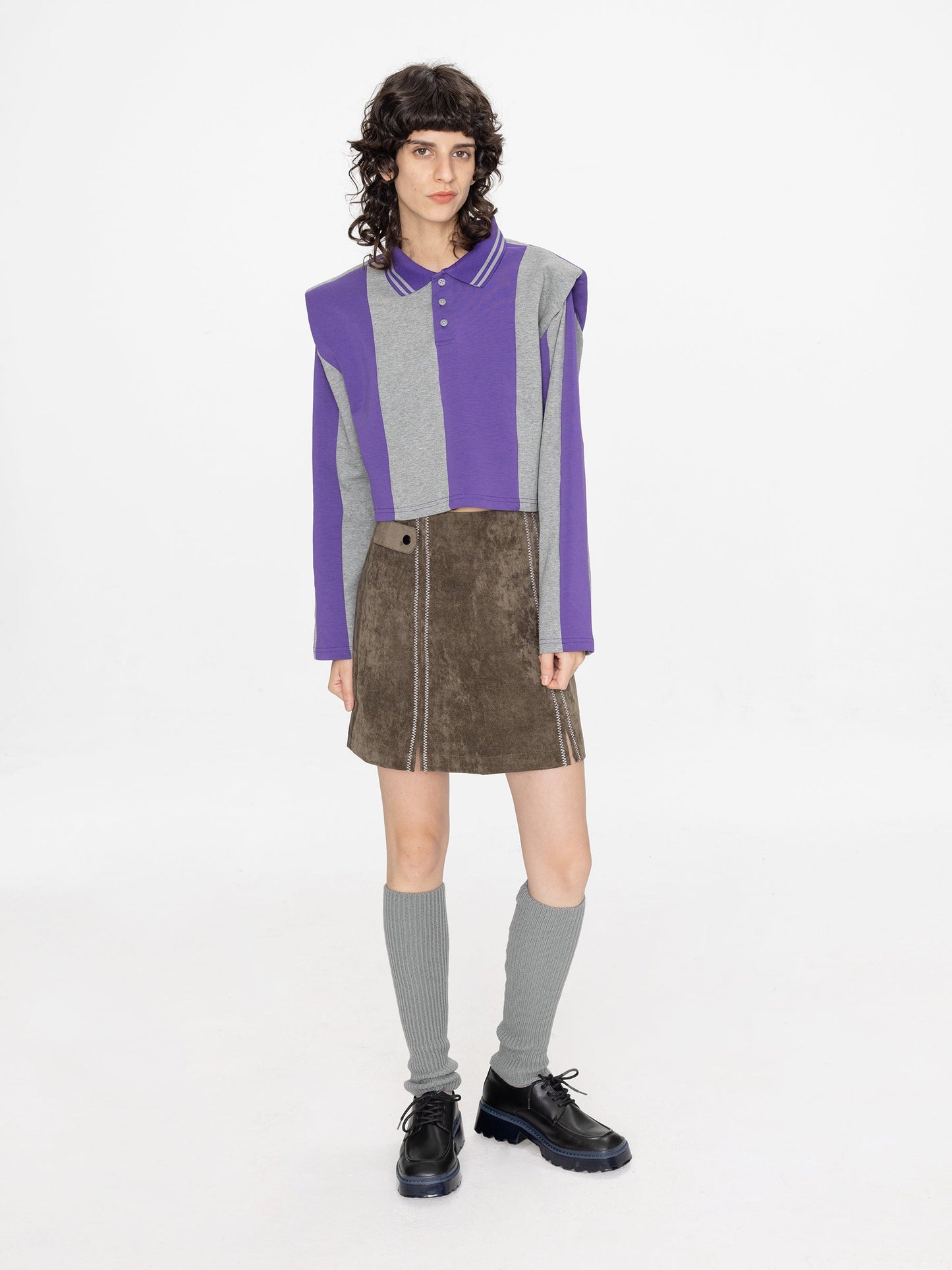 Striped Polo Top with Oversized Shoulders