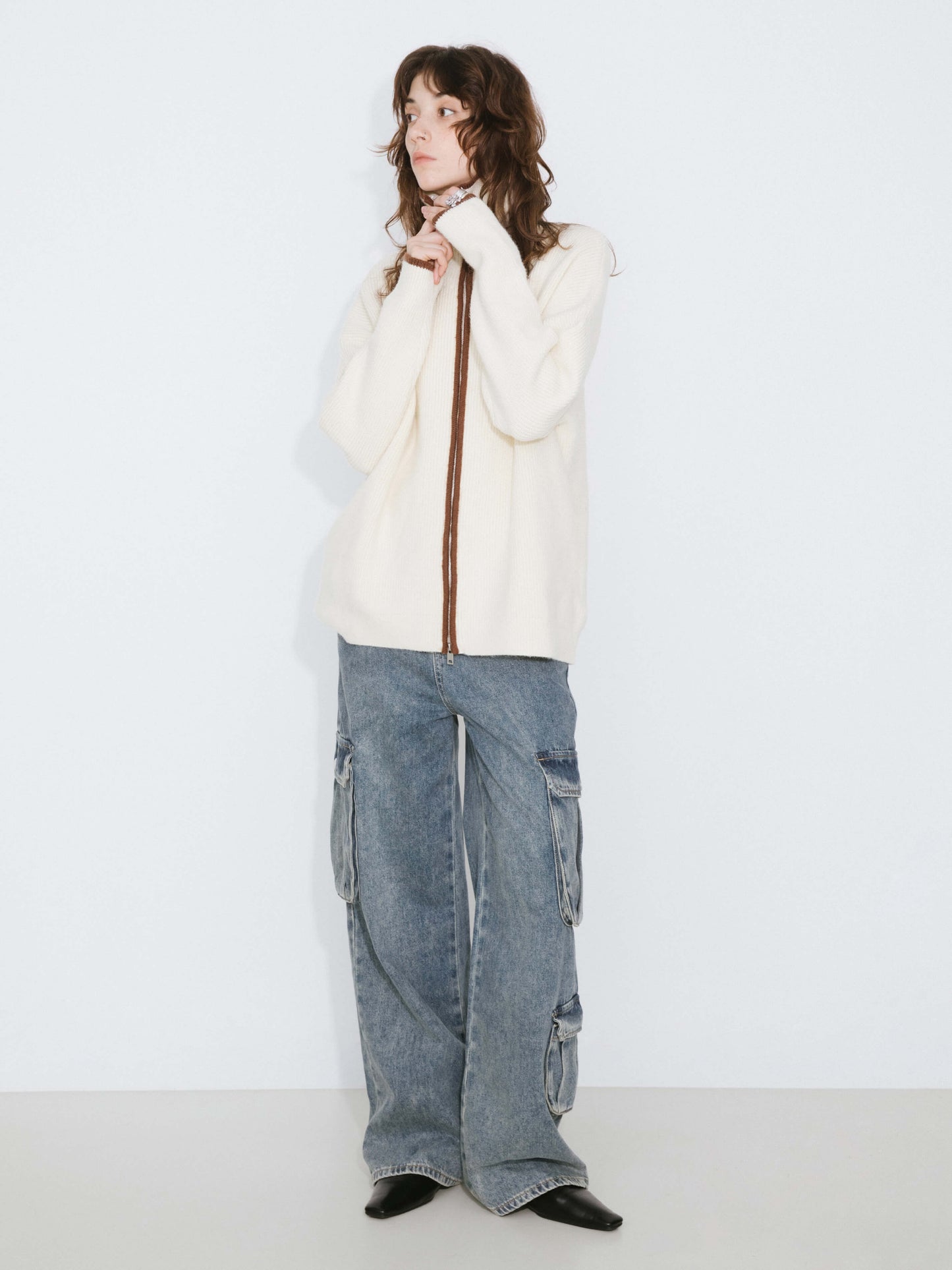 High Neck Zip Up Knit Cardigan