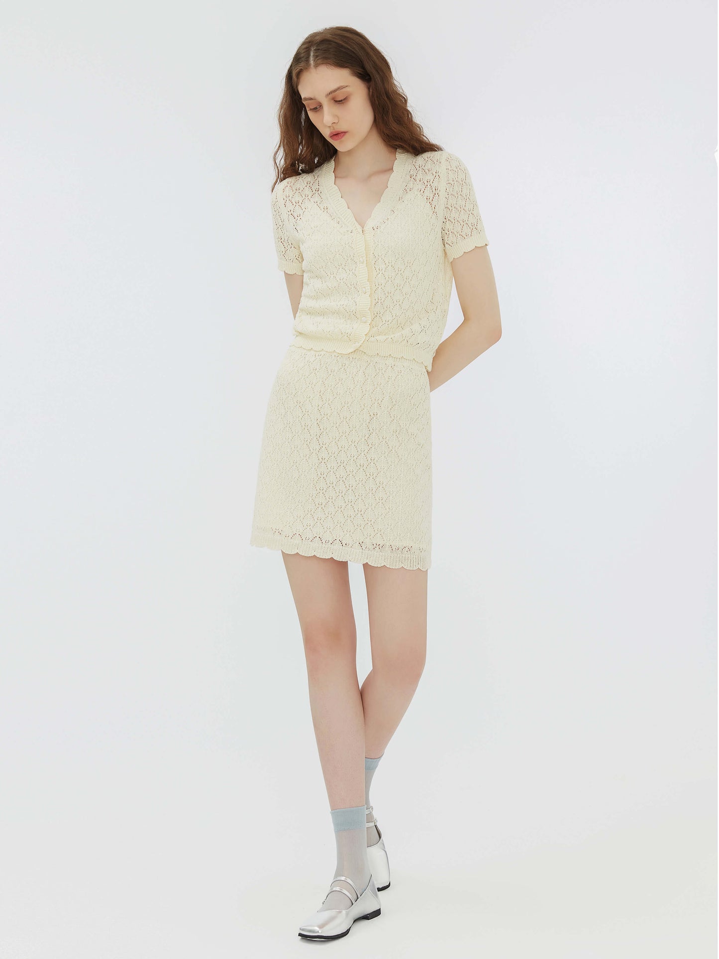 Thin Lace Knit Cardigan and Mini Skirt Set