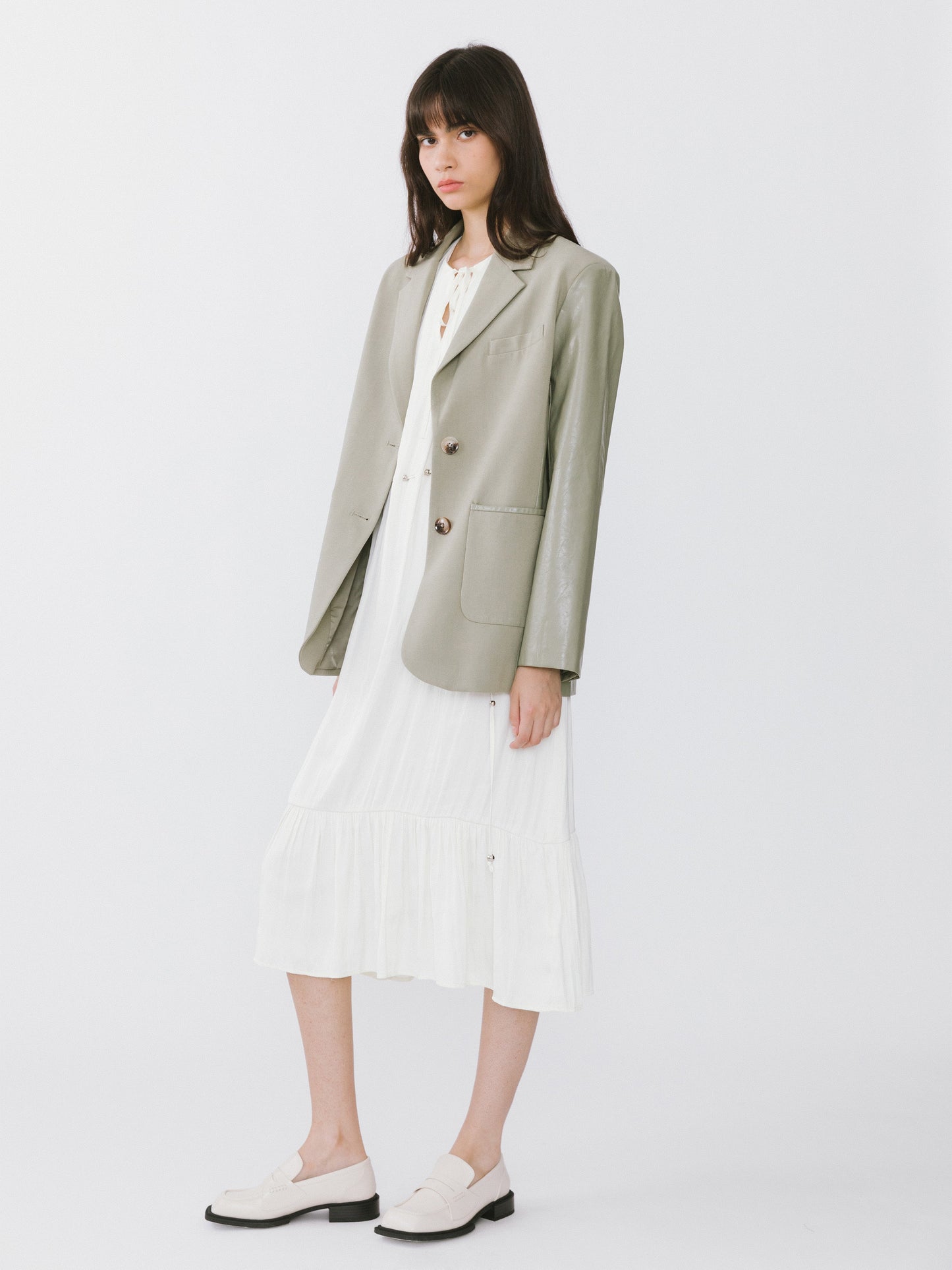 Faux Leather and Wool Oversized Blazer