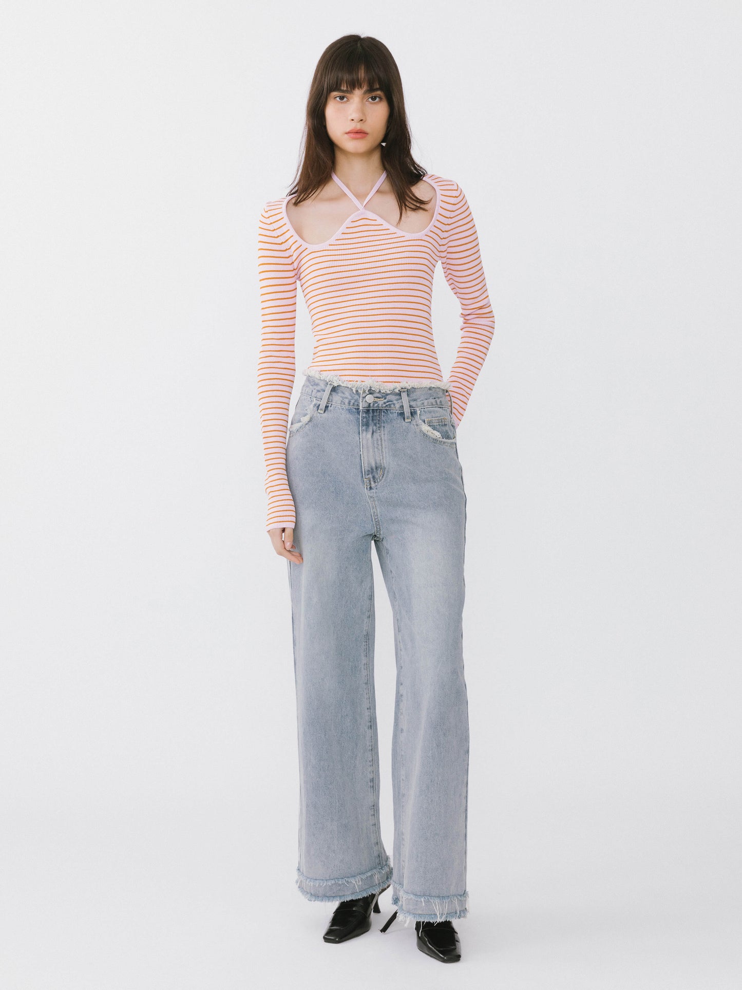 Chest Cut Out Striped Long Sleeve Top