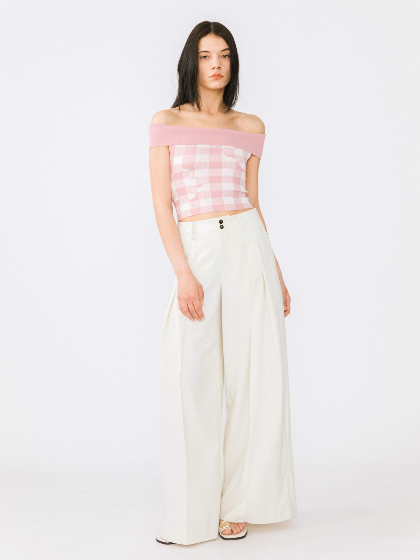 Off-Shoulder Checkered Knit Cami Top