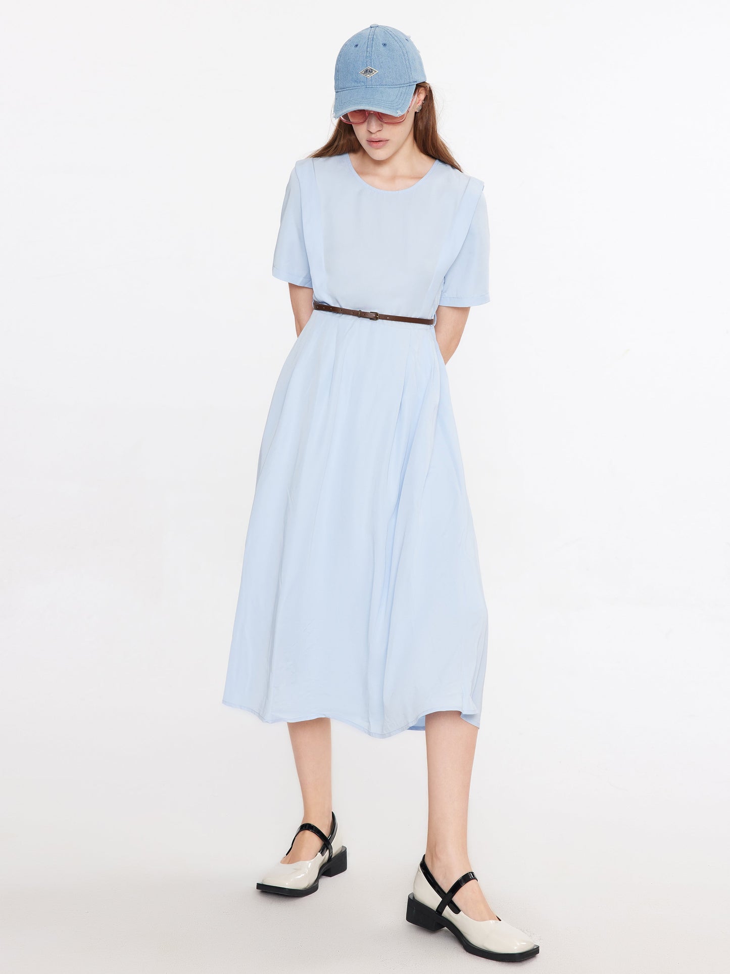 ROUND NECK SHORT SLEEVE MIDI DRESS LIGHT BLUE