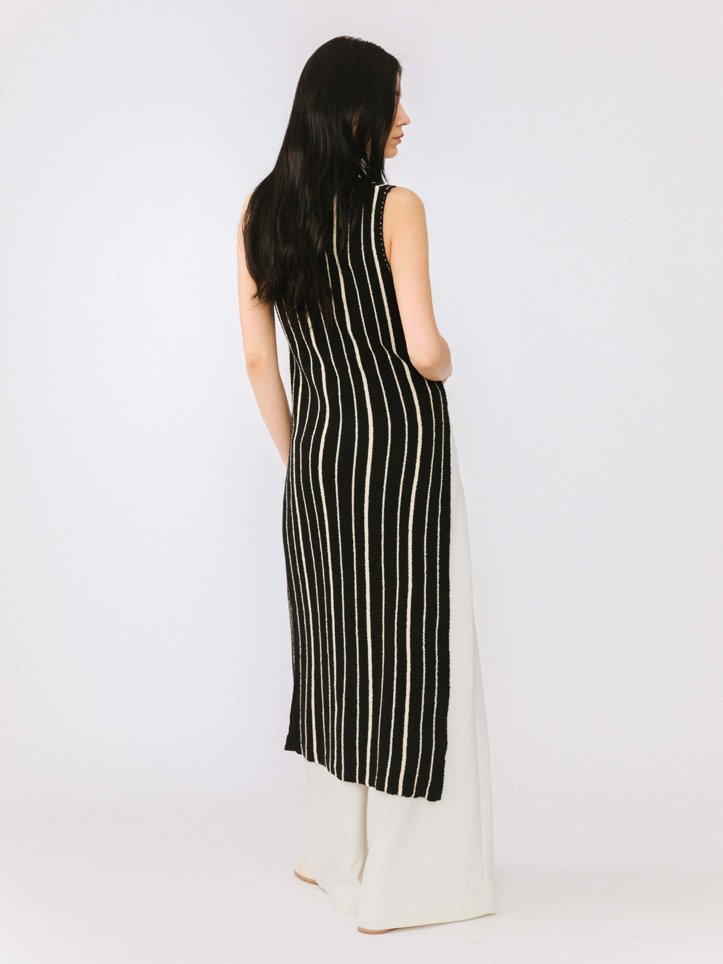 High Slit Striped Knit Sleeveless Dress