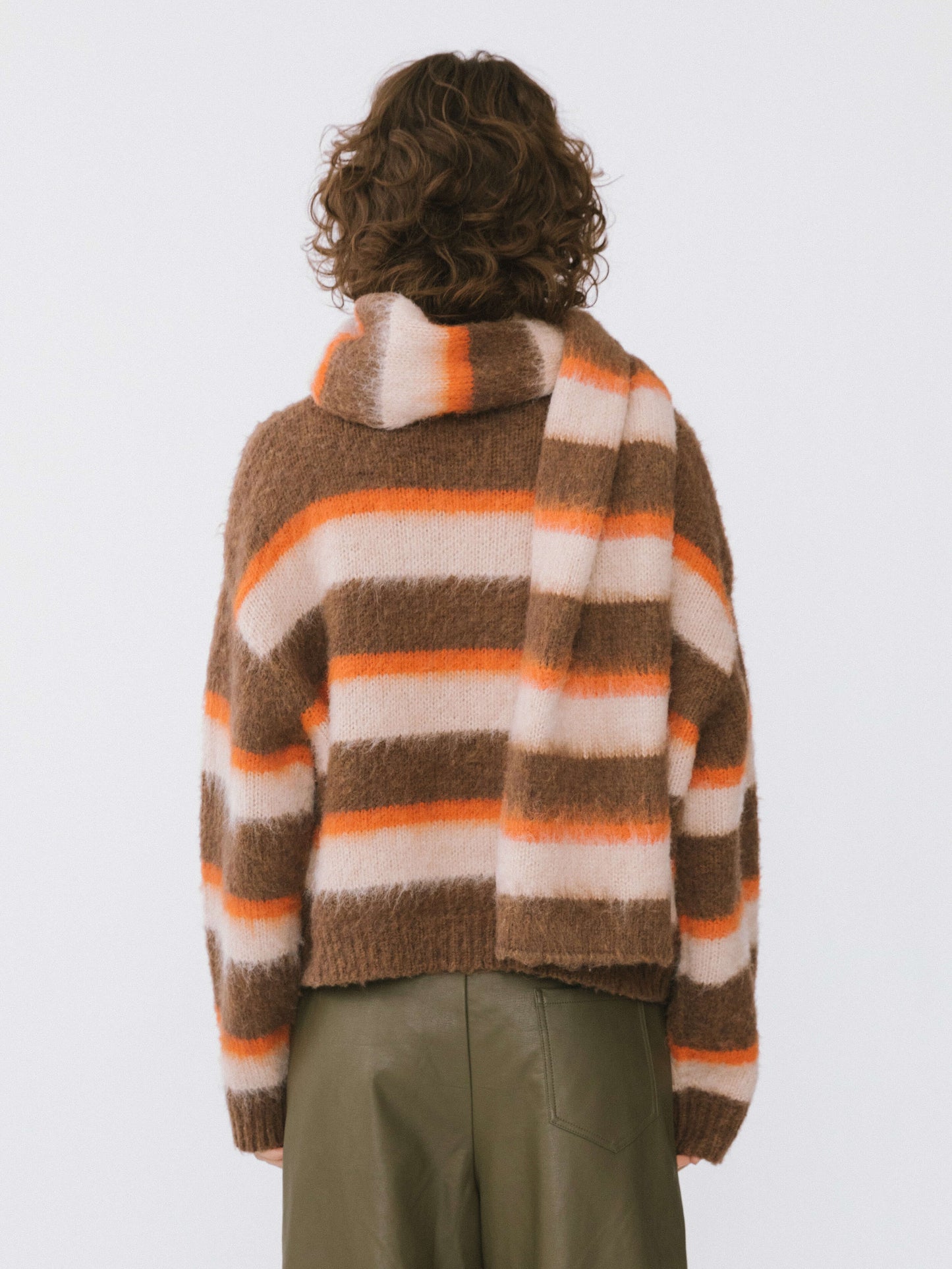 Striped Color Block Wool Knit Cardigan With Scarf