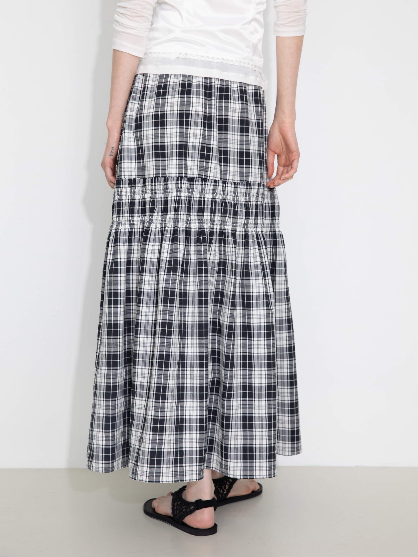 Elastic Drawstring High Waist Checked Skirt