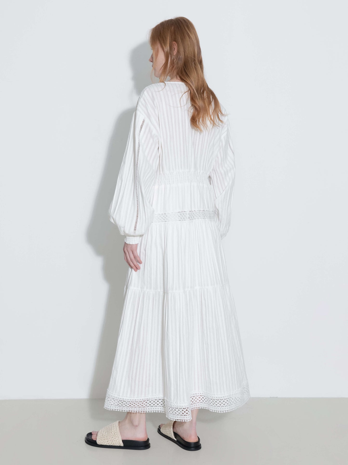 100% Cotton Lace Hollow V-Neck Waist-Cinched Maxi Dress