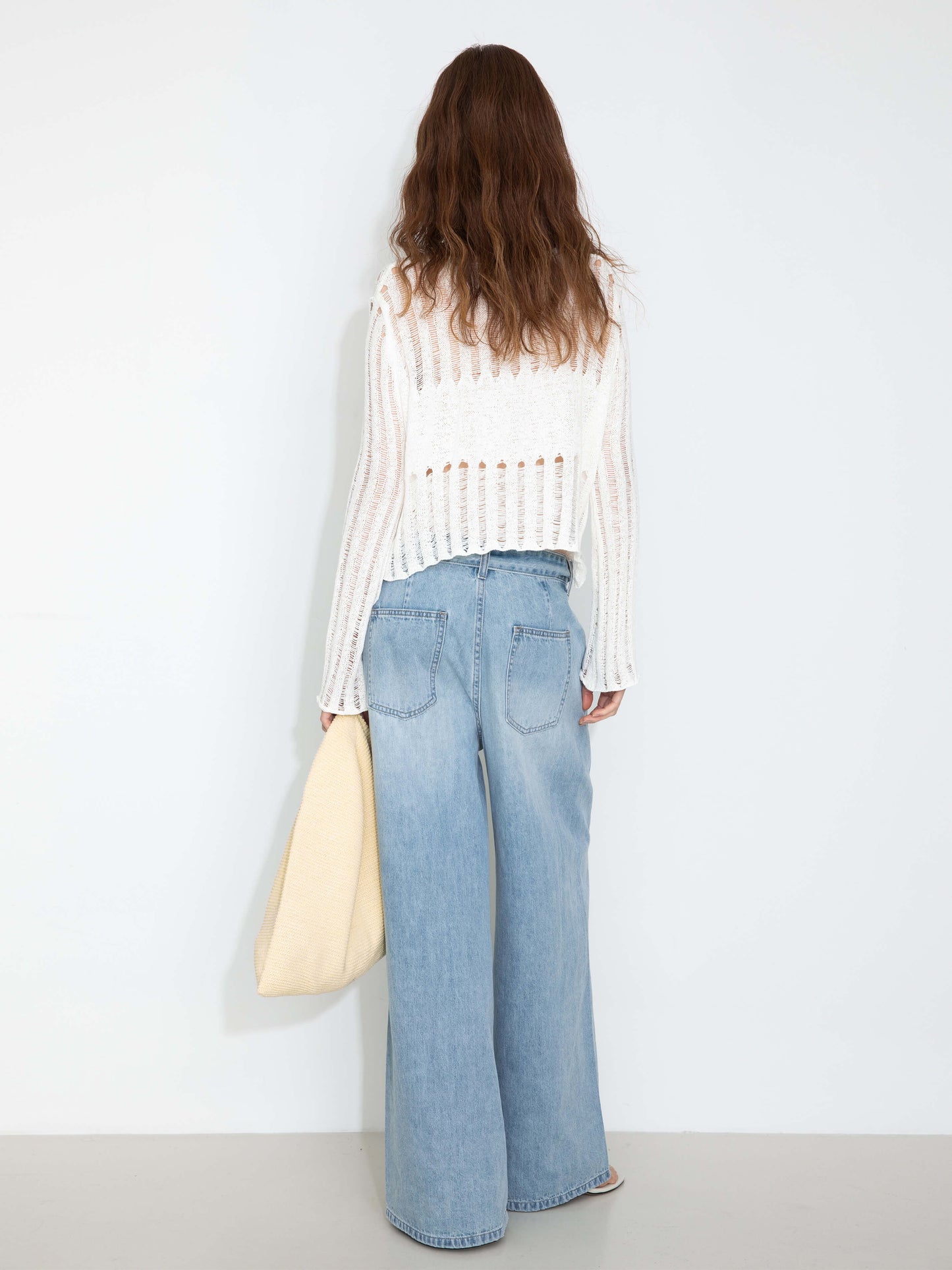 Beaded Hollow-Out Knit Top with Flare Sleeves