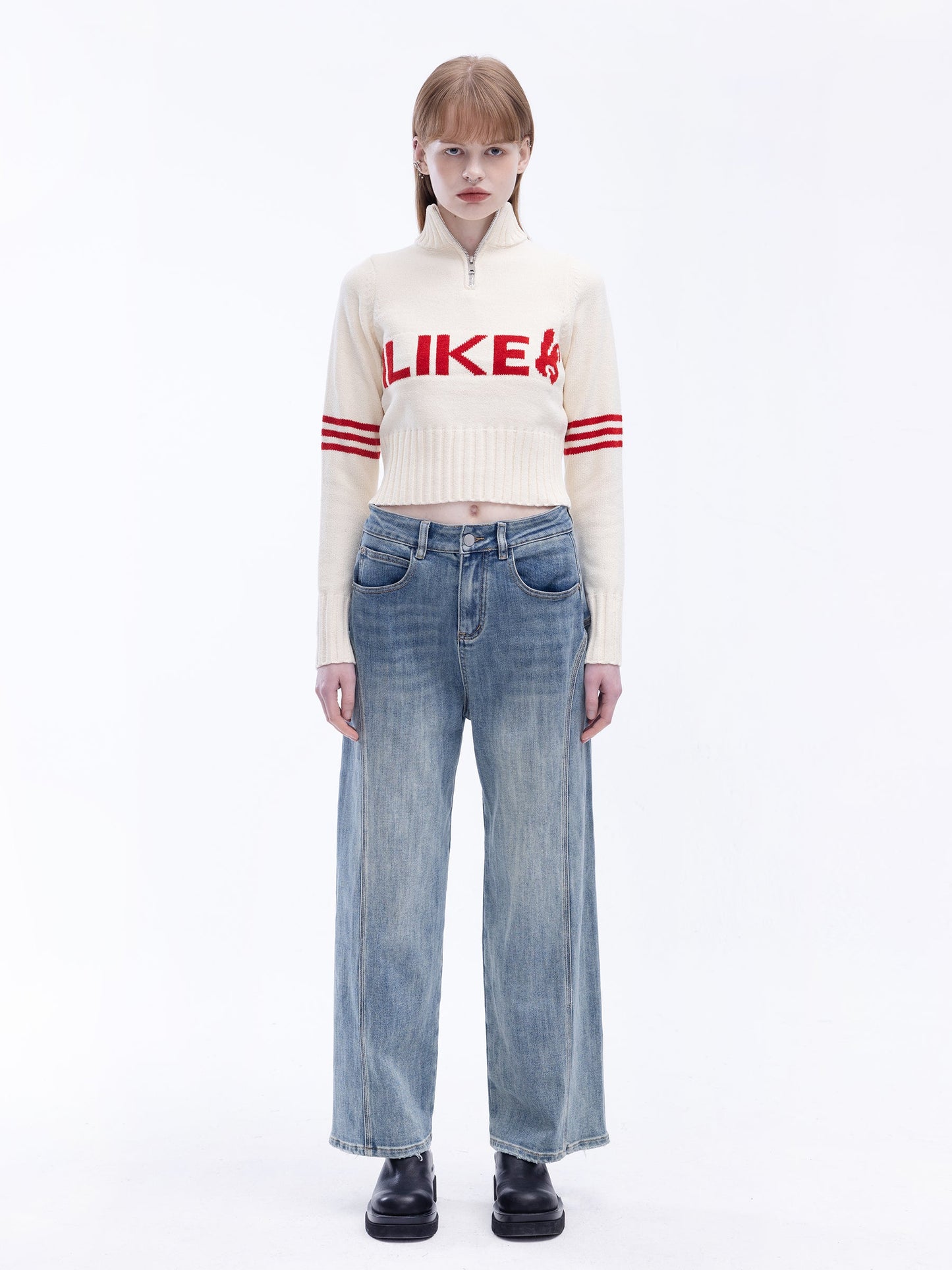 High Neck Zip Up Crop Knit Top