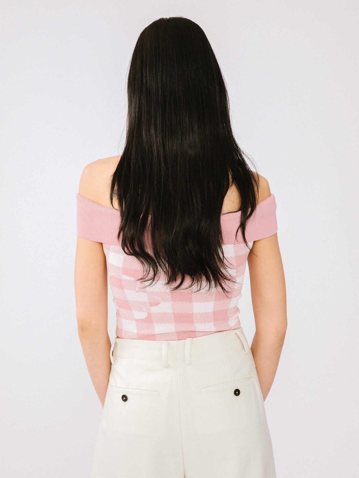 Off-Shoulder Checkered Knit Cami Top