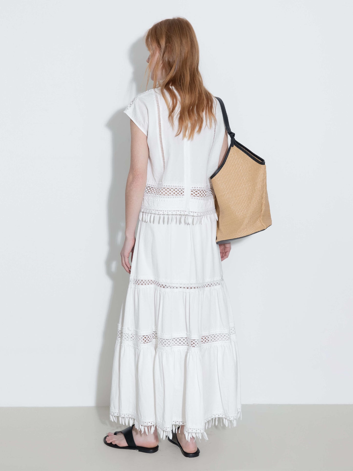 High-Waisted Hollow Out Tassel Trim Maxi Skirt