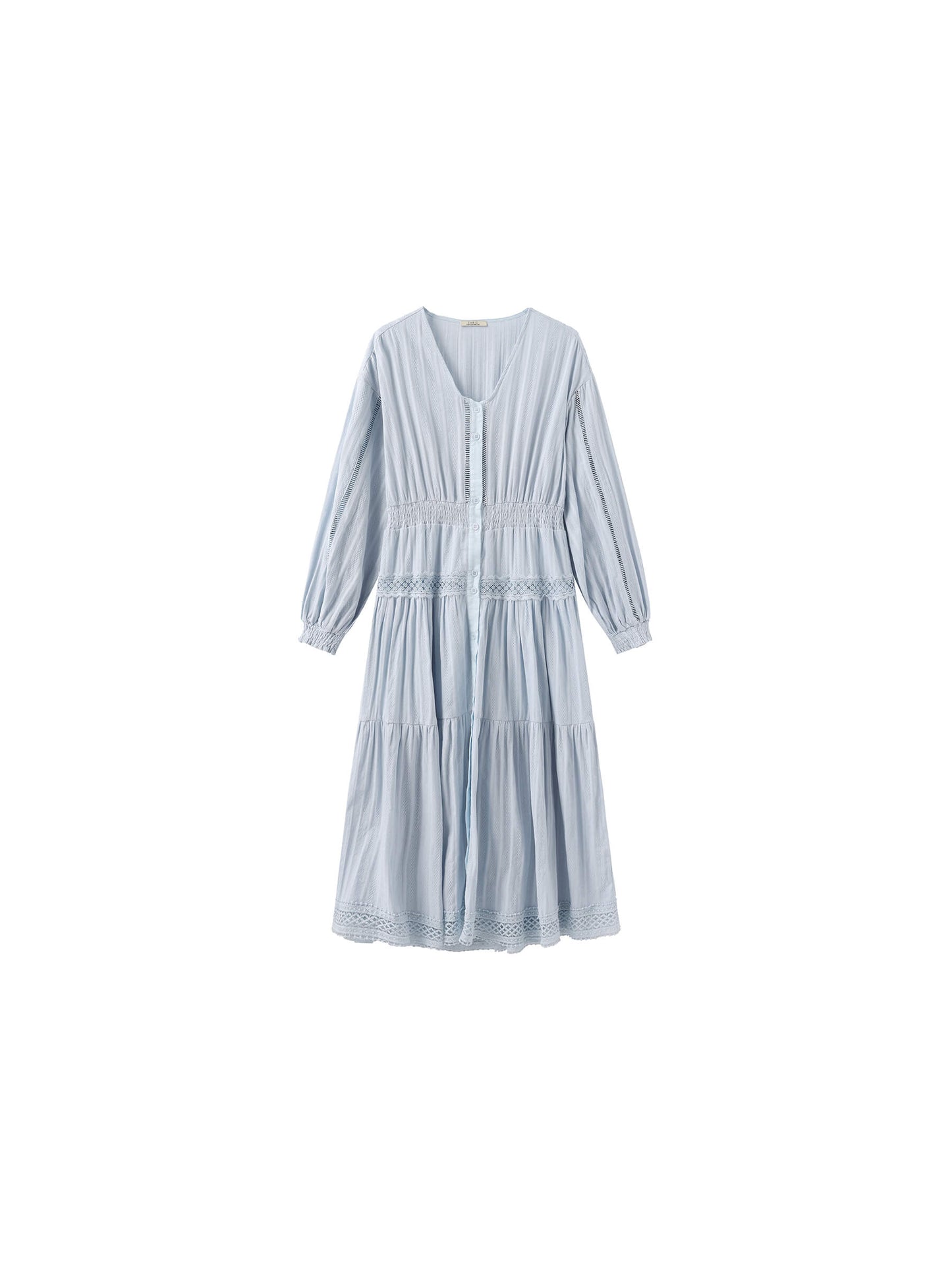 100% Cotton Lace Hollow V-Neck Waist-Cinched Maxi Dress