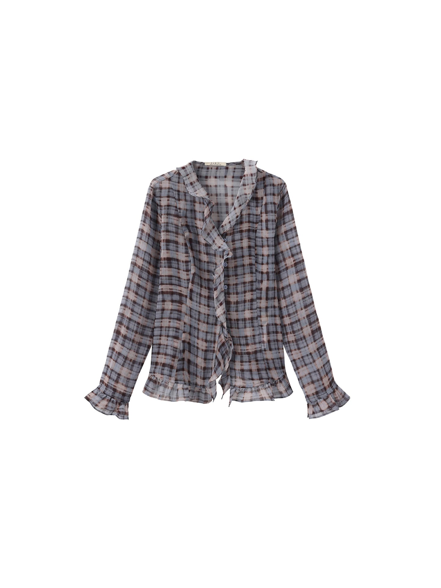 Semi-Sheer Ruffle Trim Check Shirt
