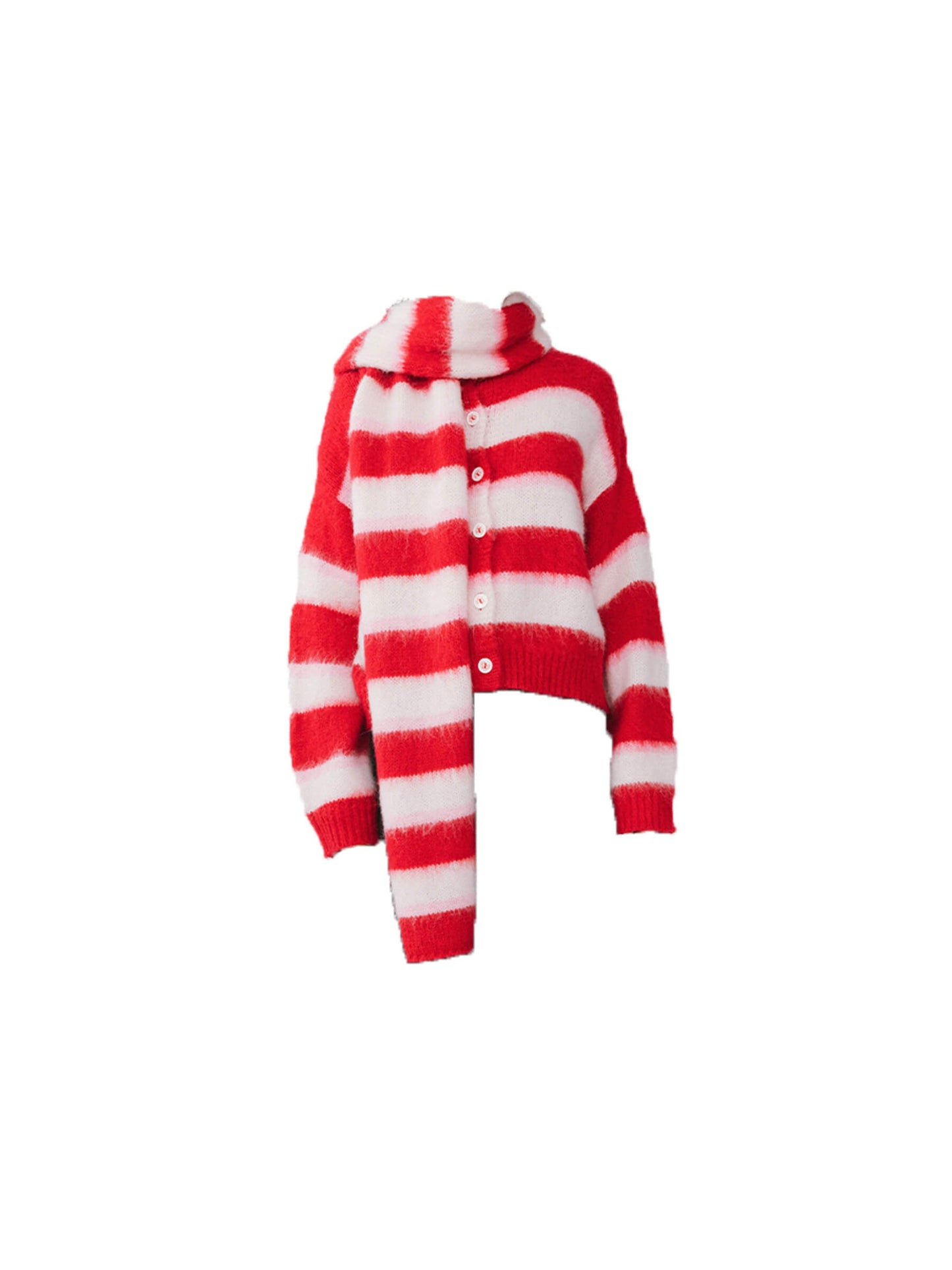 Striped Color Block Wool Knit Cardigan With Scarf