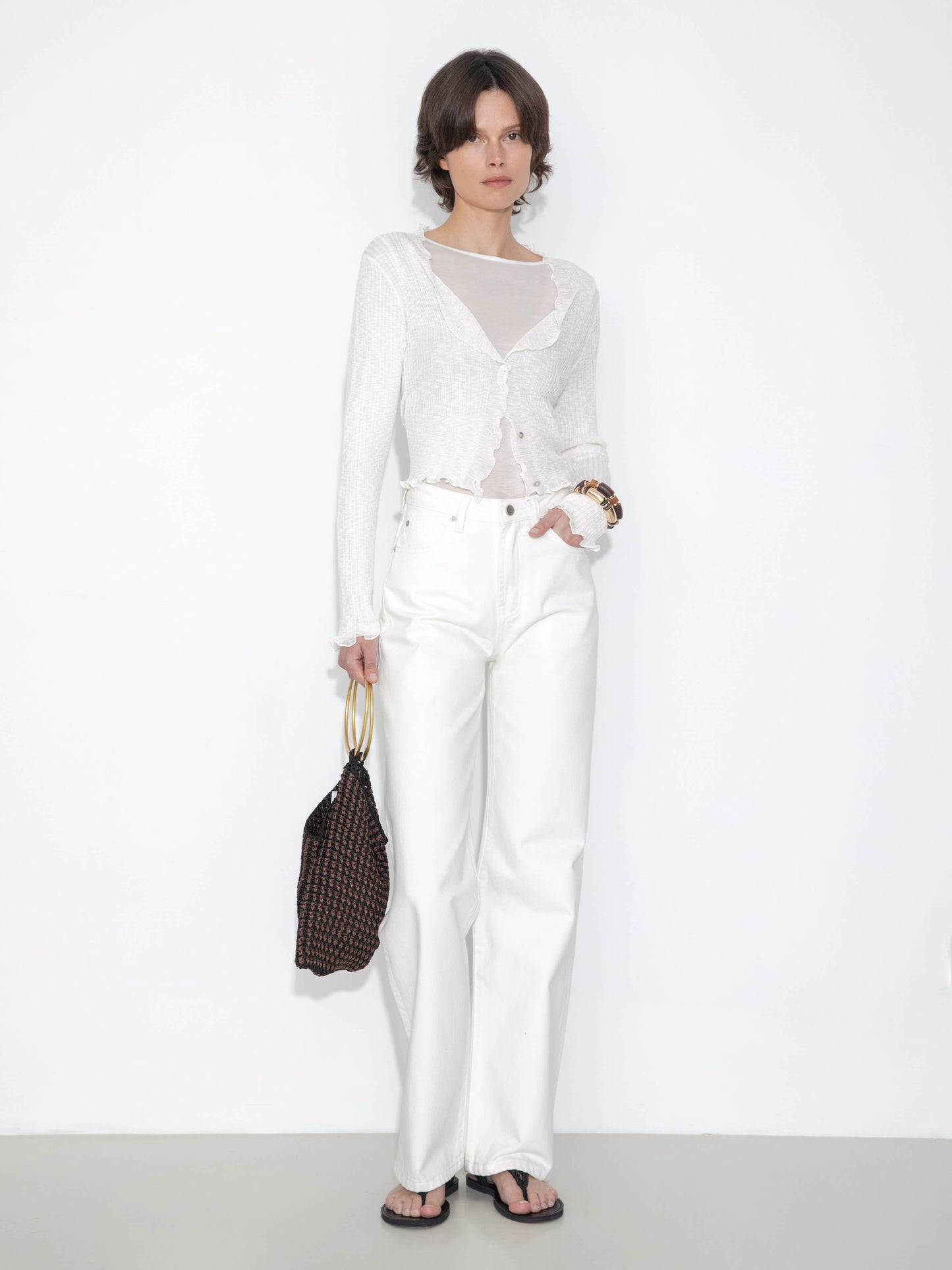 V-Neck Knit Cardigan with Ruffled Long Sleeves