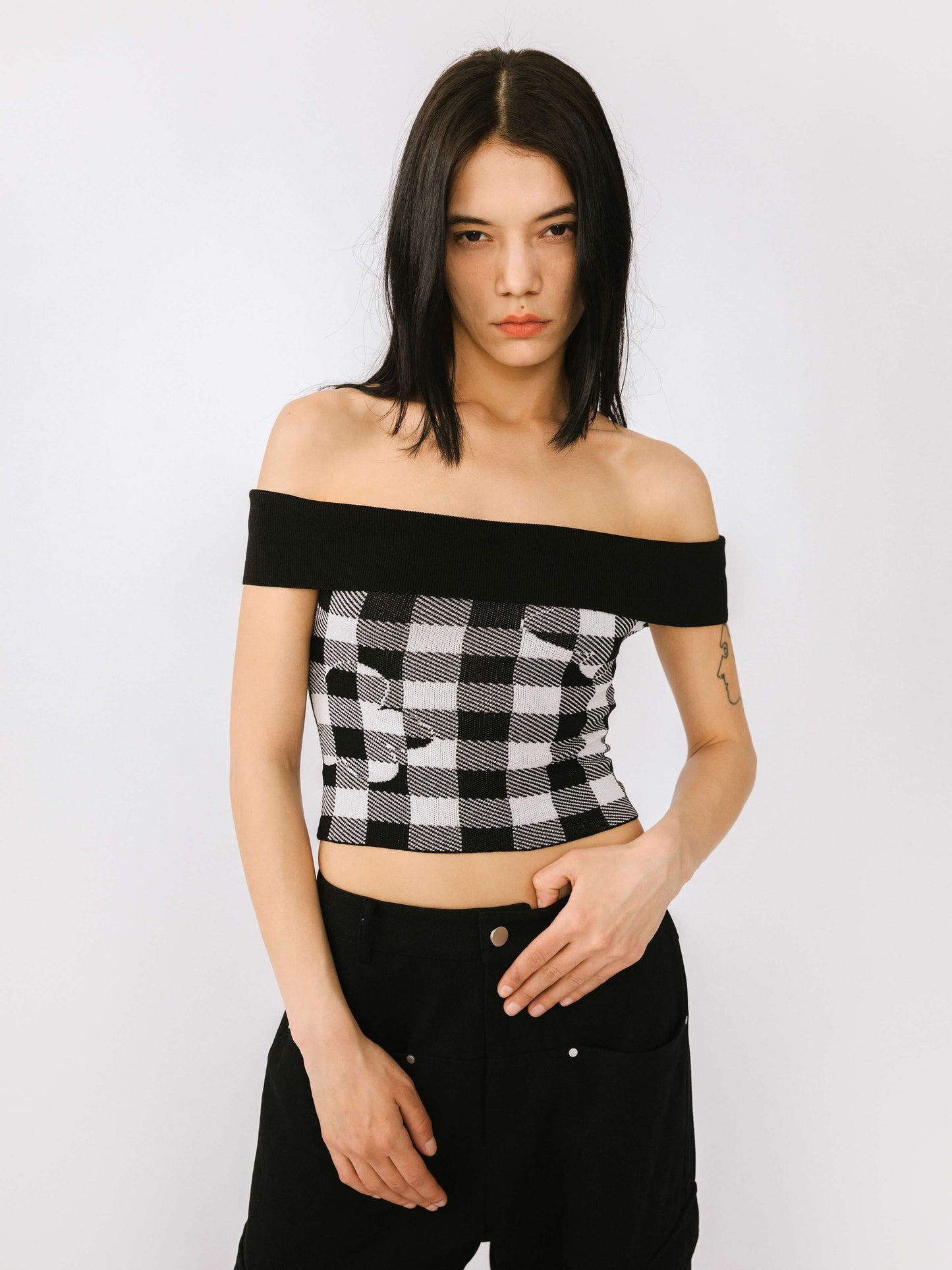Off-Shoulder Checkered Knit Cami Top