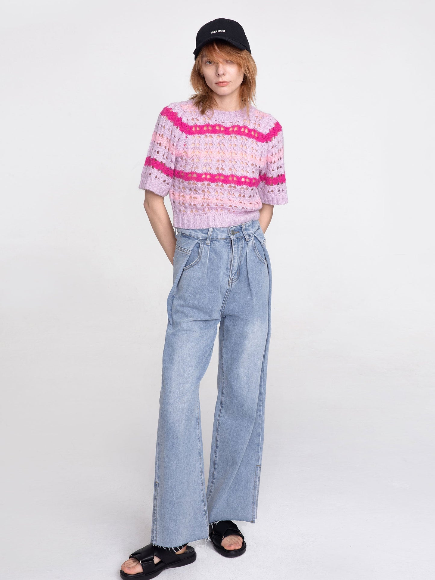 CUBIC Women's Striped Cropped Knit T-shirt
