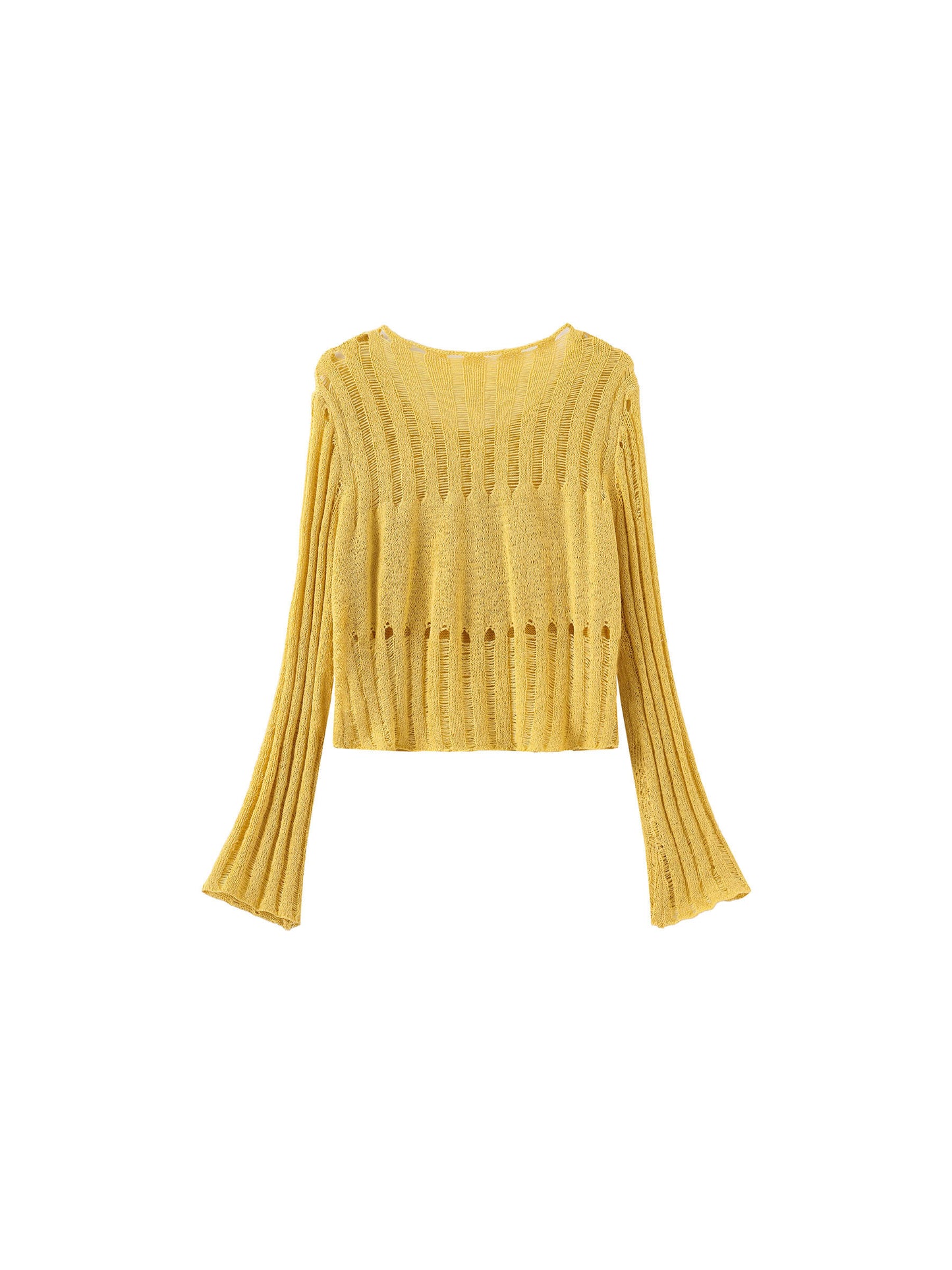 Beaded Hollow-Out Knit Top with Flare Sleeves