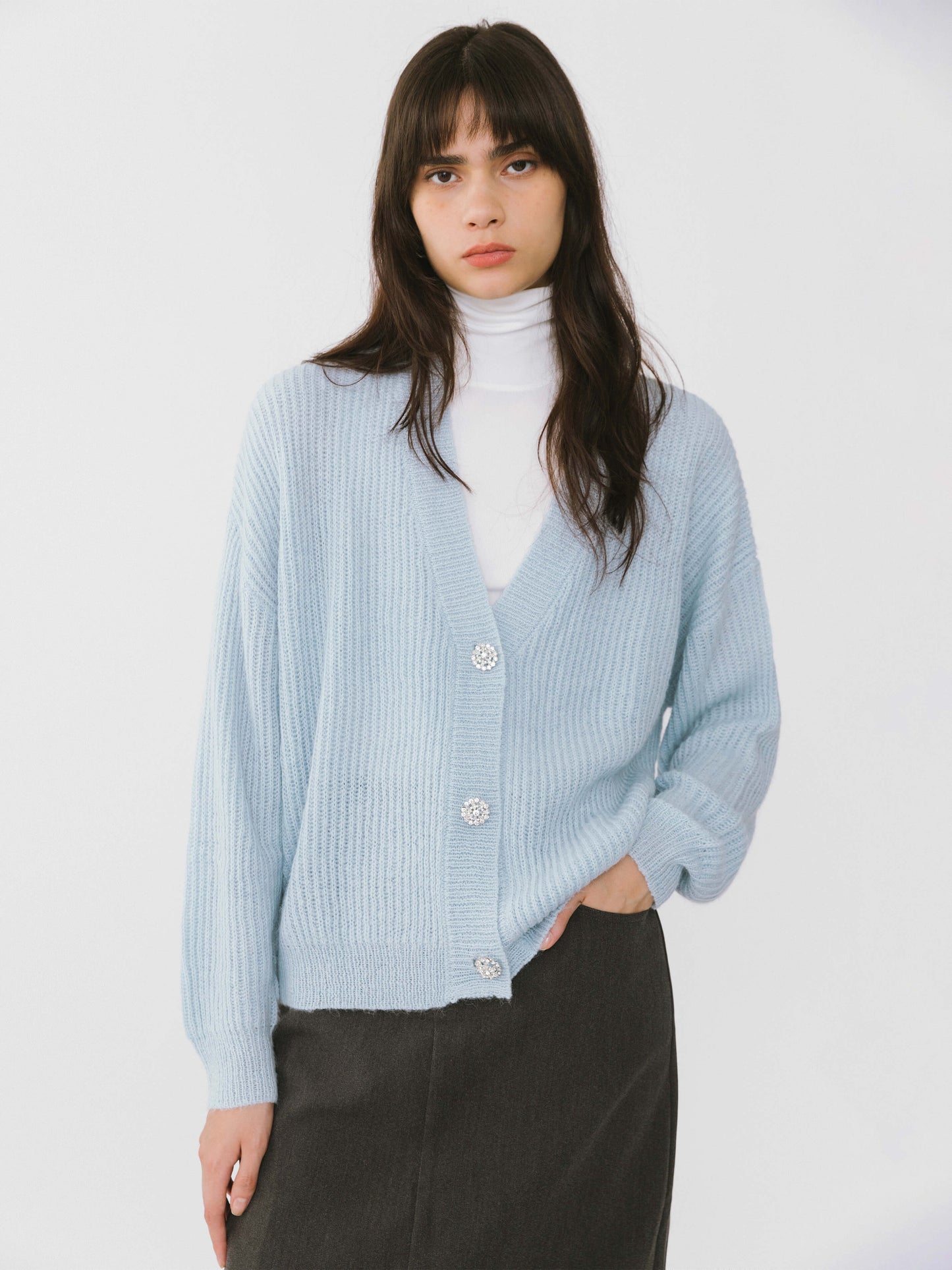 Casual V-Neck Ribbed Knit Cardigan with Wool Blend