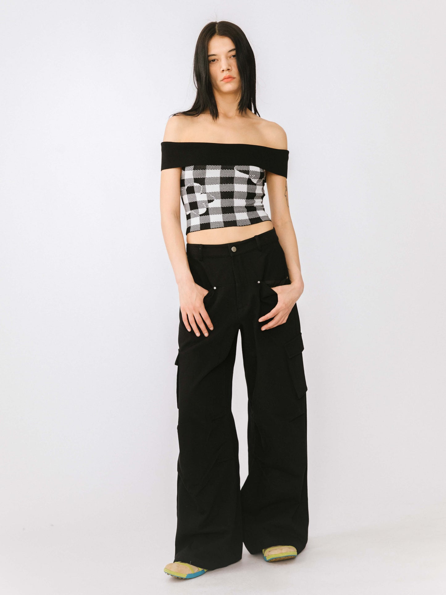 Off-Shoulder Checkered Knit Cami Top