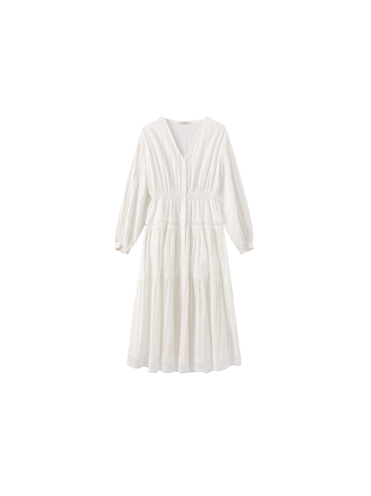 100% Cotton Lace Hollow V-Neck Waist-Cinched Maxi Dress